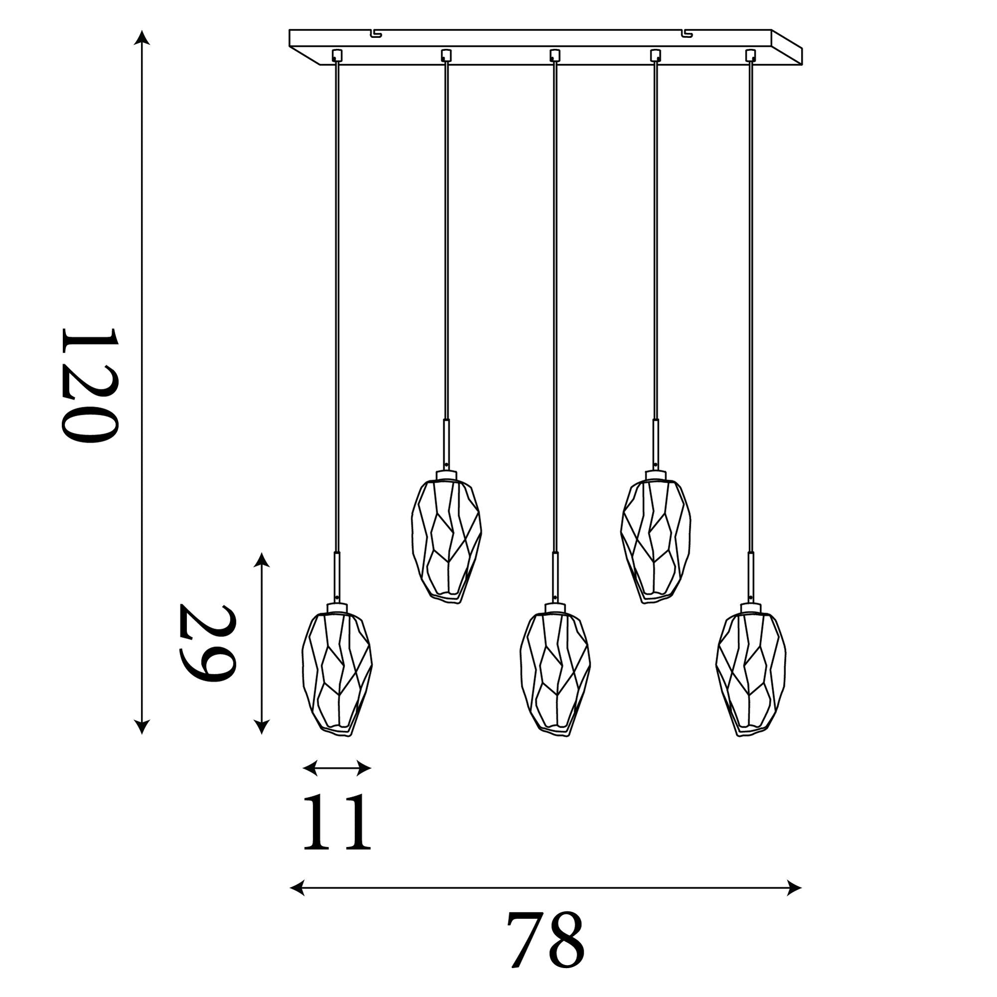 Technical line drawing of the Rocky 5 light bar pendant showing 78cm bar width, 120cm maximum drop height, 29cm shade height, and 11cm width