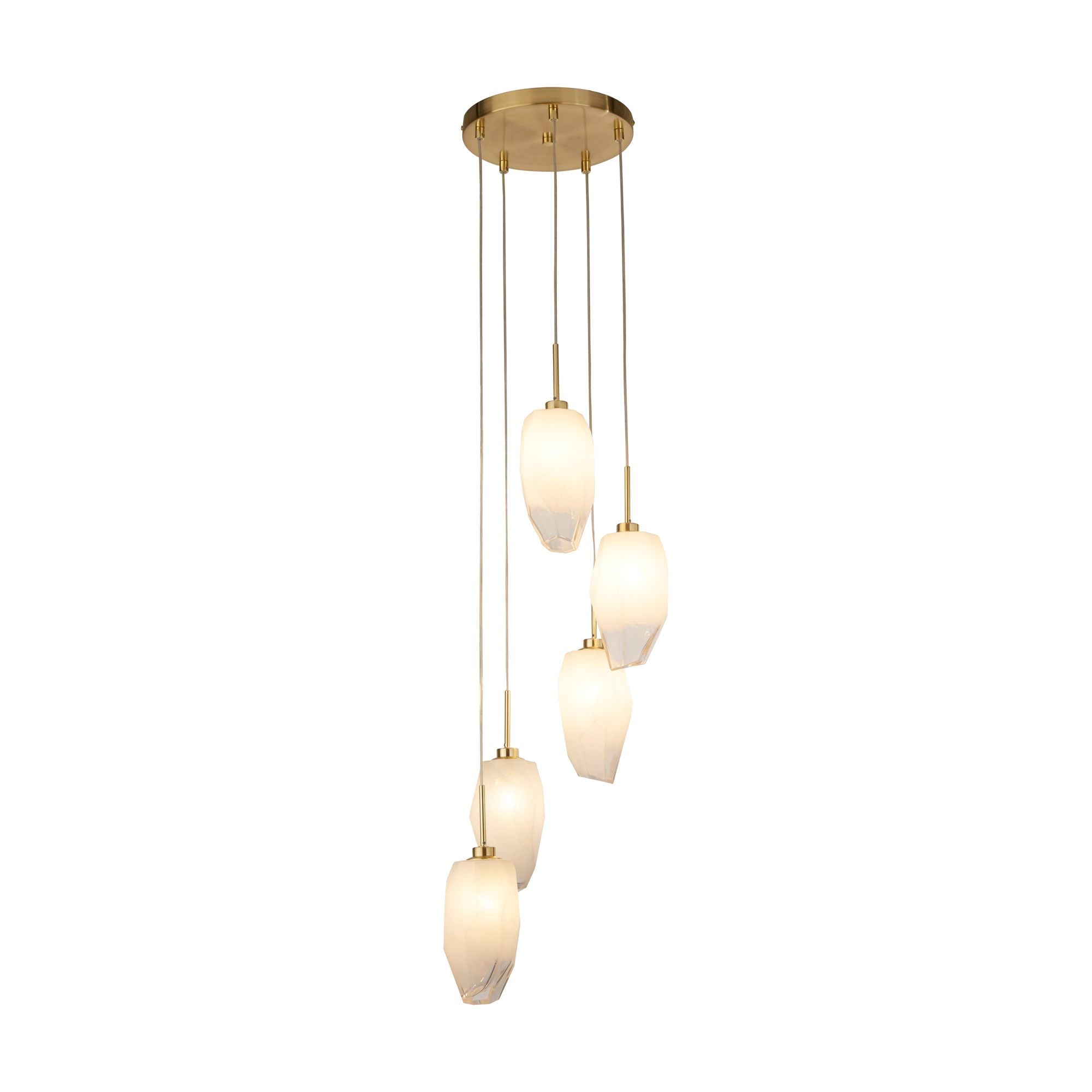 Searchlight Rocky 5 light multi drop pendant in satin brass, five faceted glass shades staggered from a round ceiling plate, lit with a warm white glow