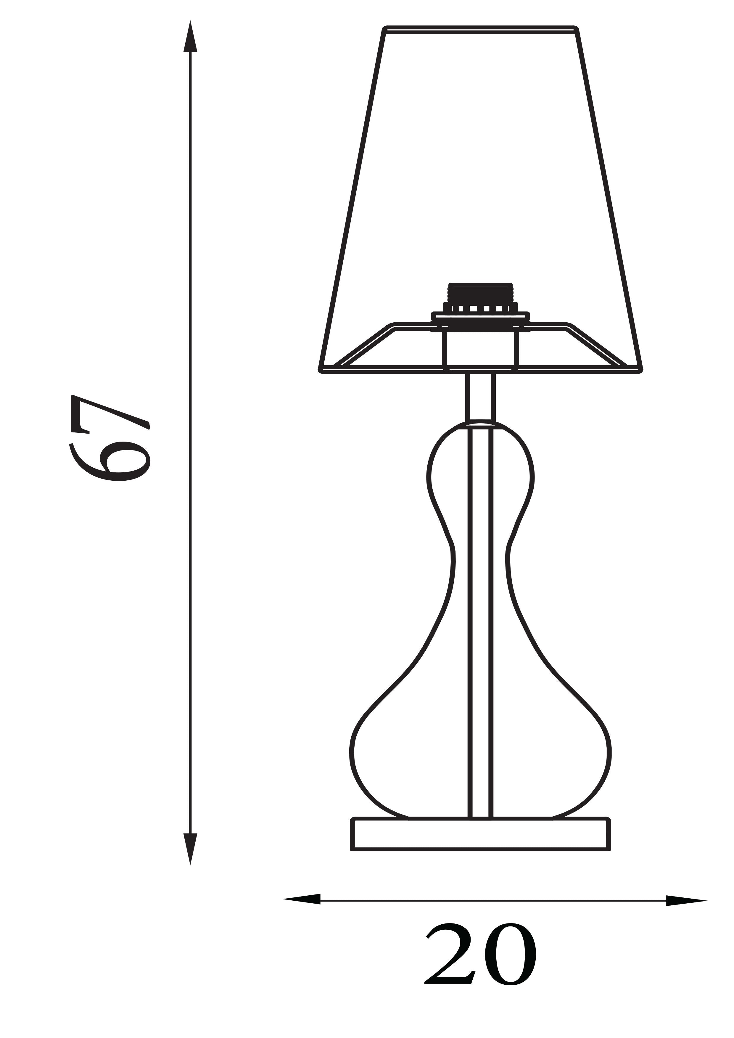 Technical line drawing of the Marakesh table lamp showing overall height of 67cm and a base width of 20cm
