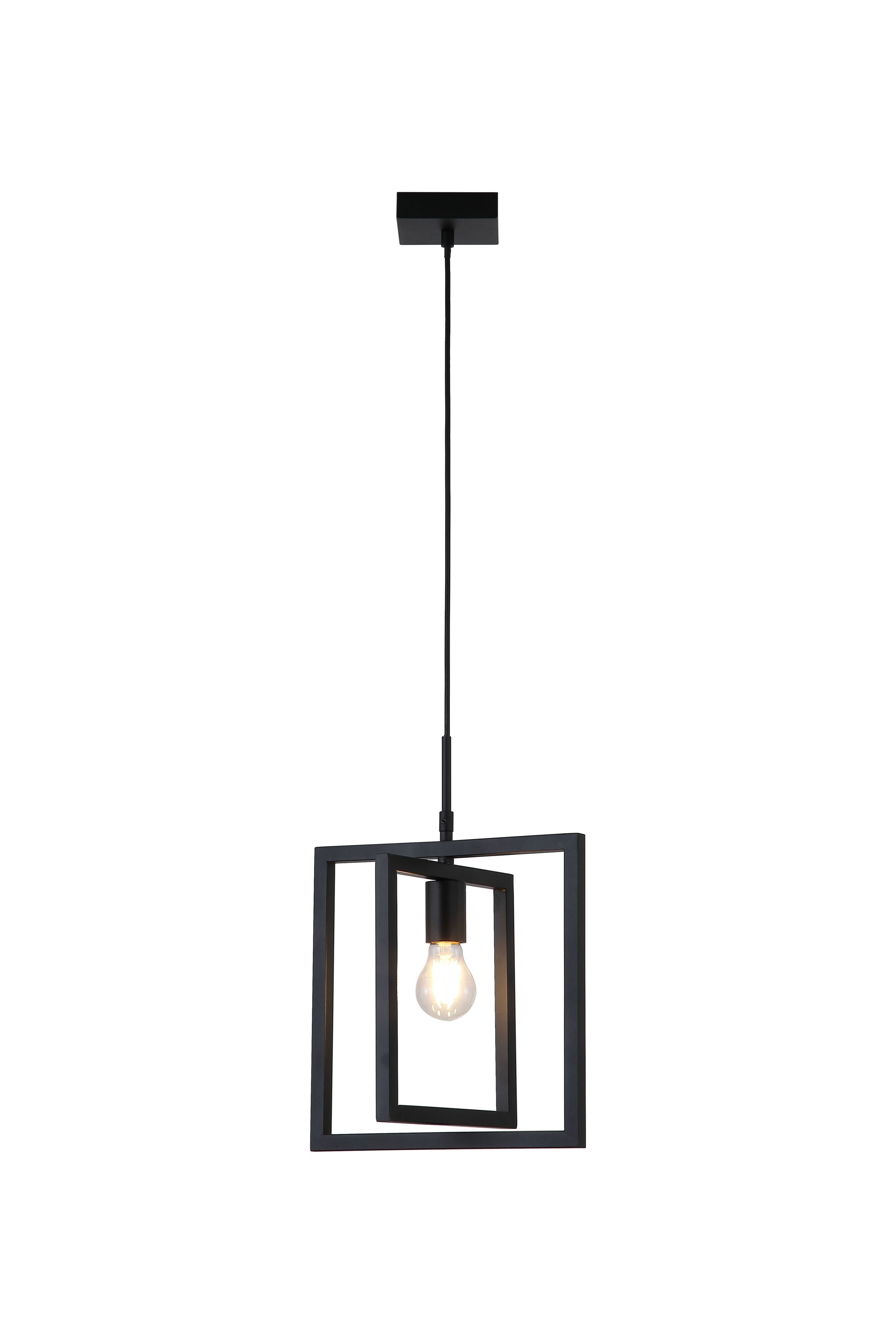 Searchlight Plaza 1 Light Pendant in matte black, front view of the two offset rectangular frames with a single exposed bulb, on a plain studio background