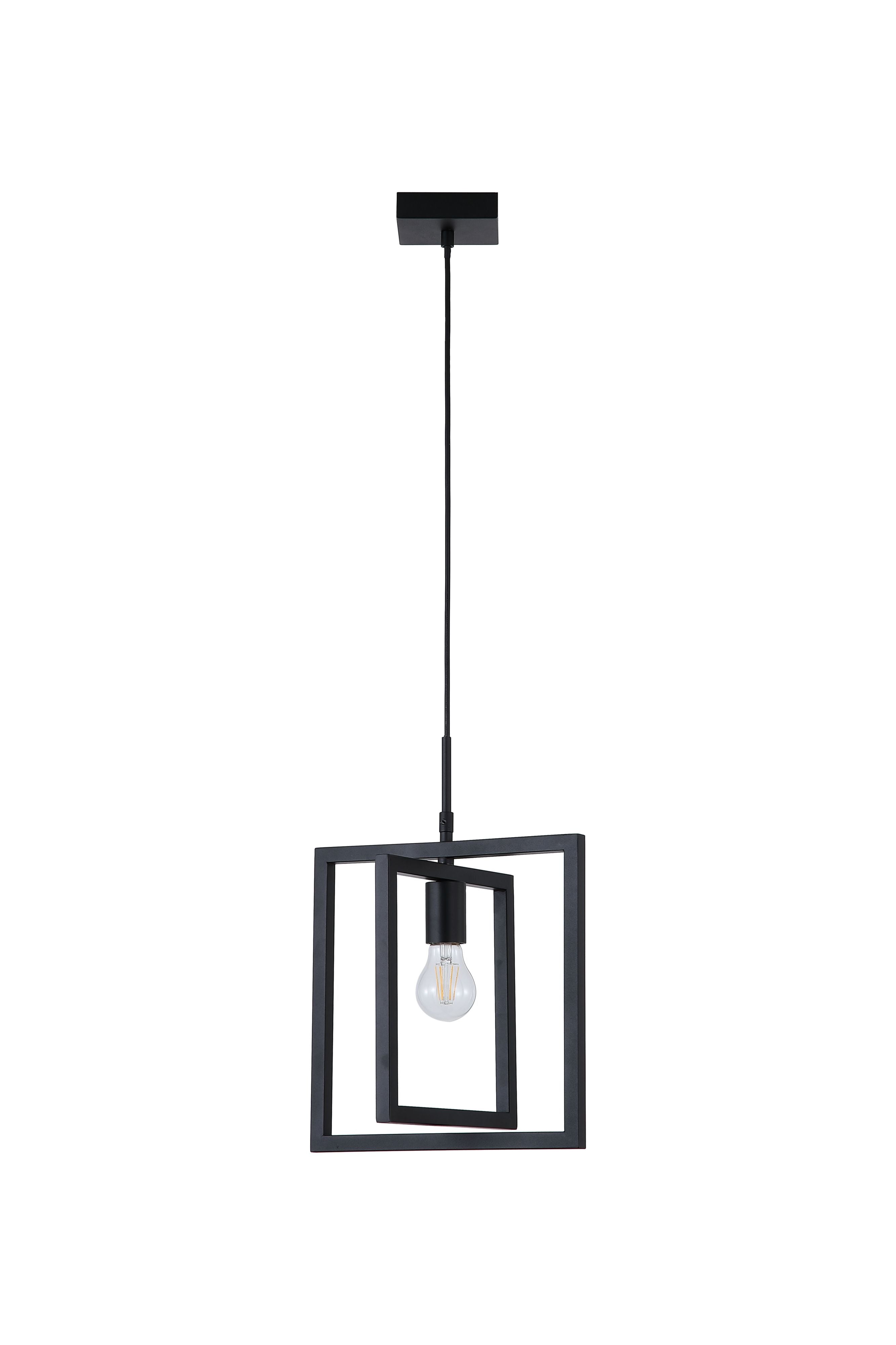 Searchlight Plaza 1 Light Pendant in matte black, alternative straight on view showing the nested open frame design