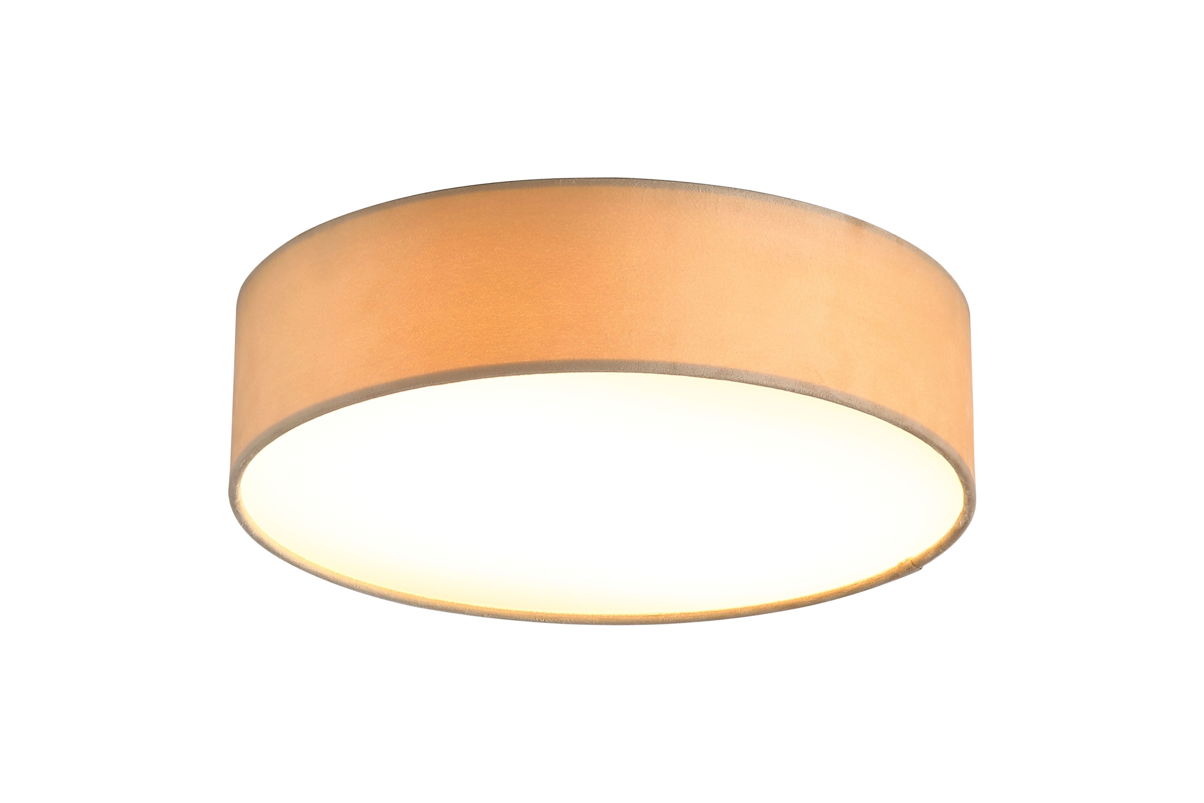 Searchlight Drum 2 light flush ceiling light in champagne velvet, angled view of the fabric shade glowing warm above a white diffuser