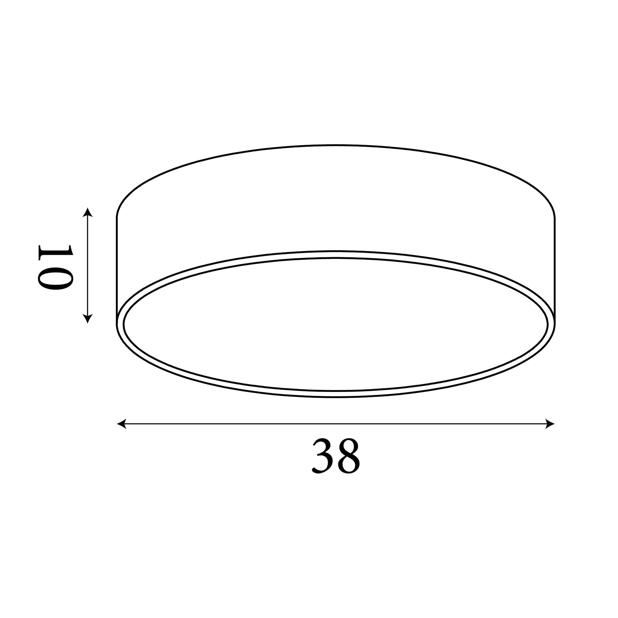 Technical line drawing of the Searchlight Drum 2 light flush ceiling light showing a 38cm diameter and 10cm height