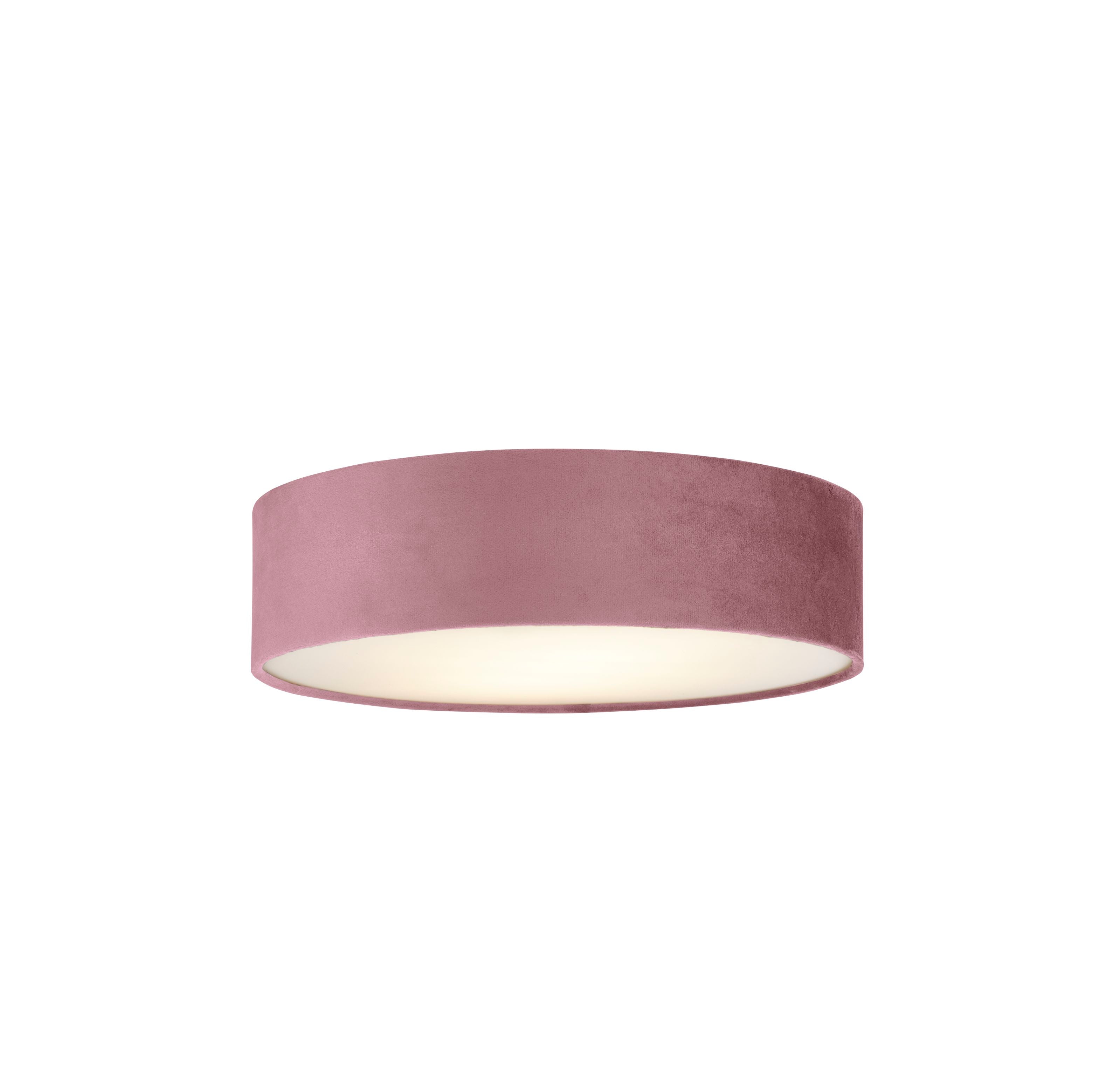 Searchlight Drum 2 light flush ceiling light in blush pink velvet, straight on view of the fabric drum shade lit from within