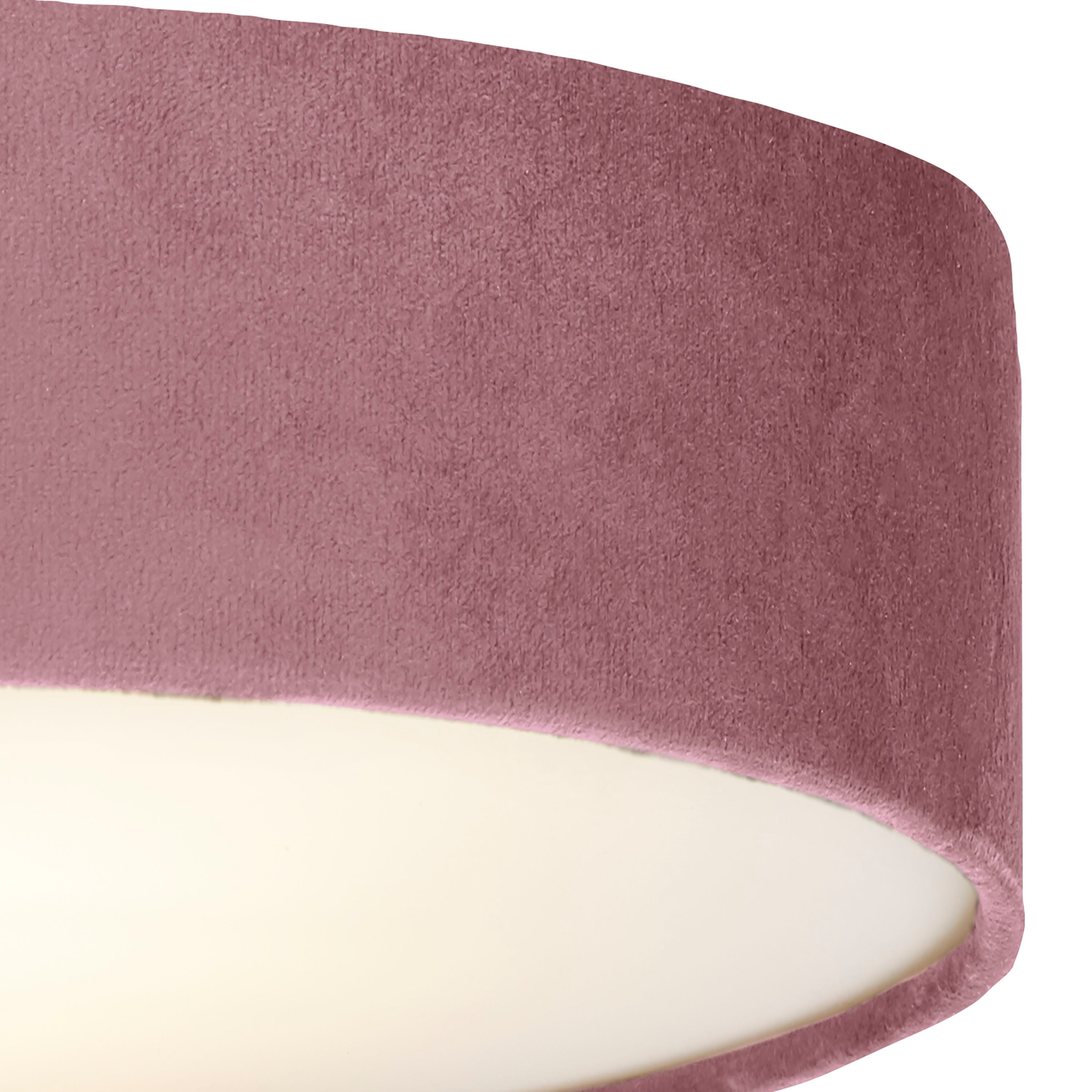 Close up of the blush pink velvet texture and diffuser edge on the Searchlight Drum 2 light flush ceiling light