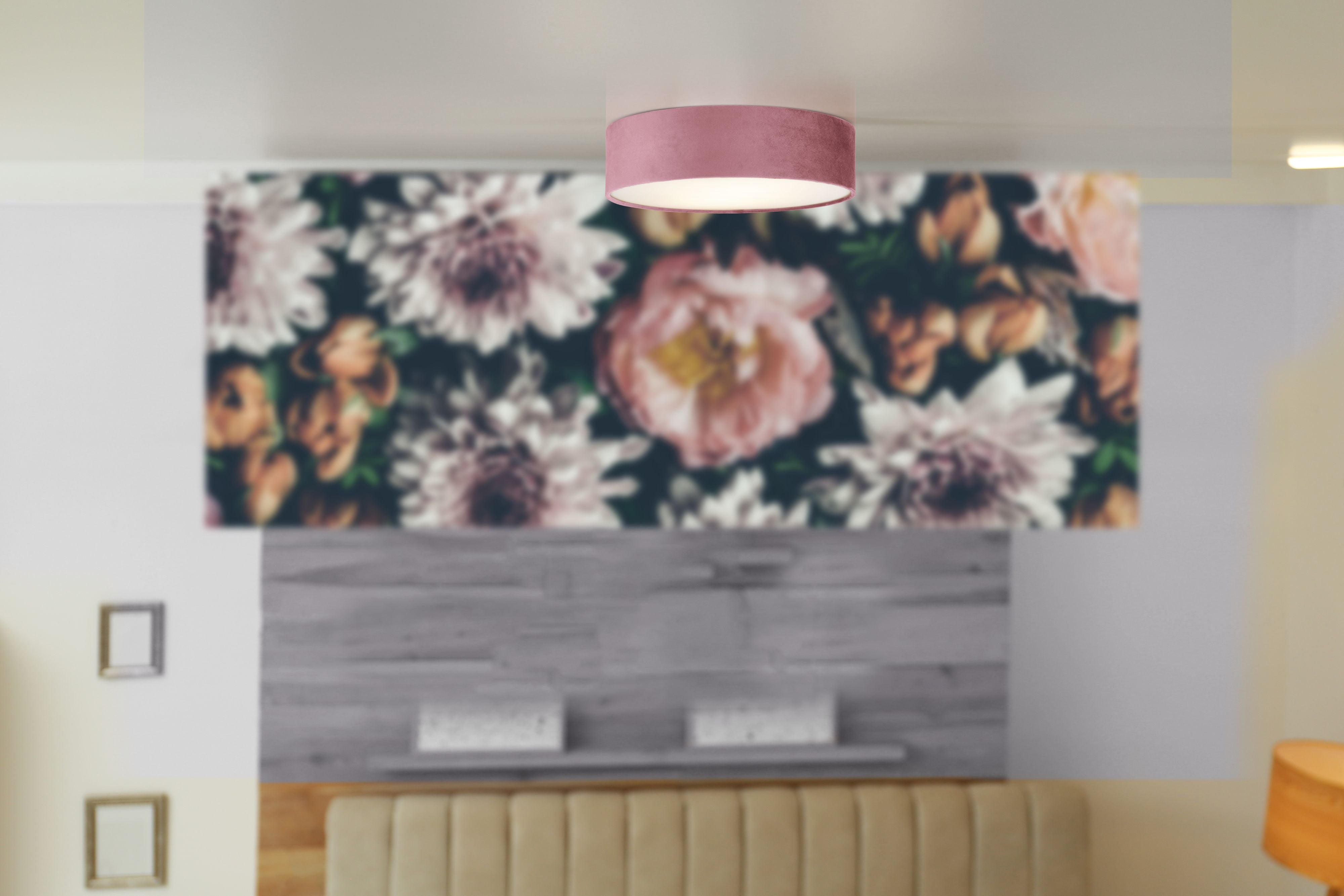 Searchlight Drum 2 light flush ceiling light in blush pink velvet styled above a floral patterned wall for a bedroom setting