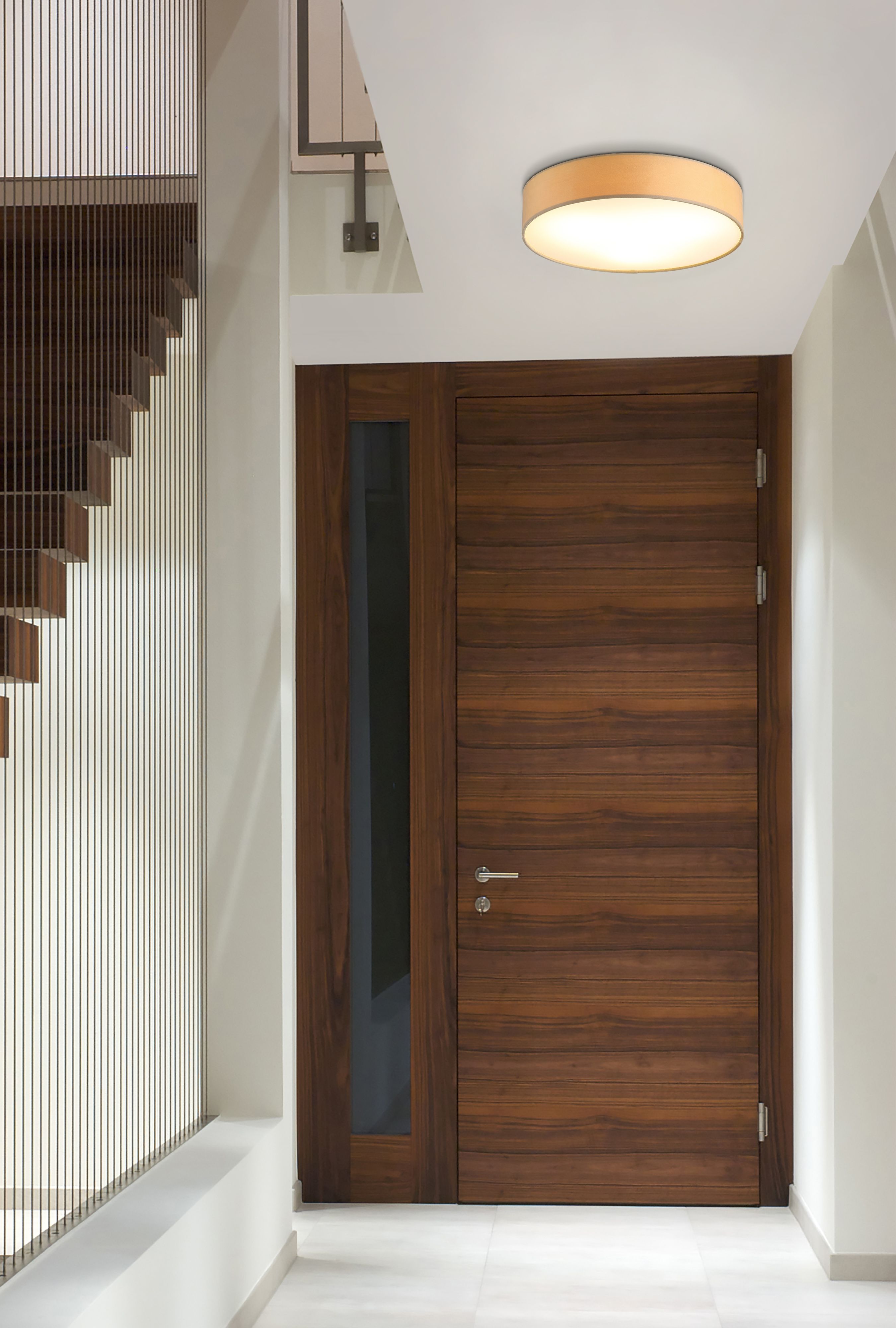 Searchlight Drum 3 light flush ceiling light in champagne velvet fitted above a walnut front door in a hallway