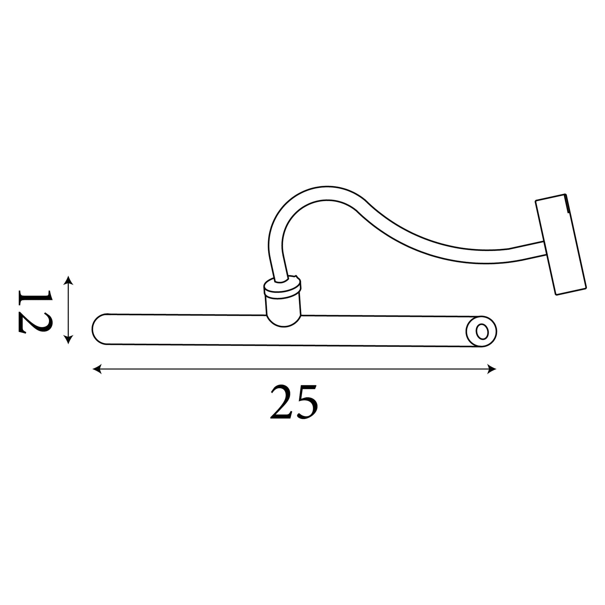 Line drawing of the Vigo picture light showing its side profile and dimensions of 12cm high by 31cm long