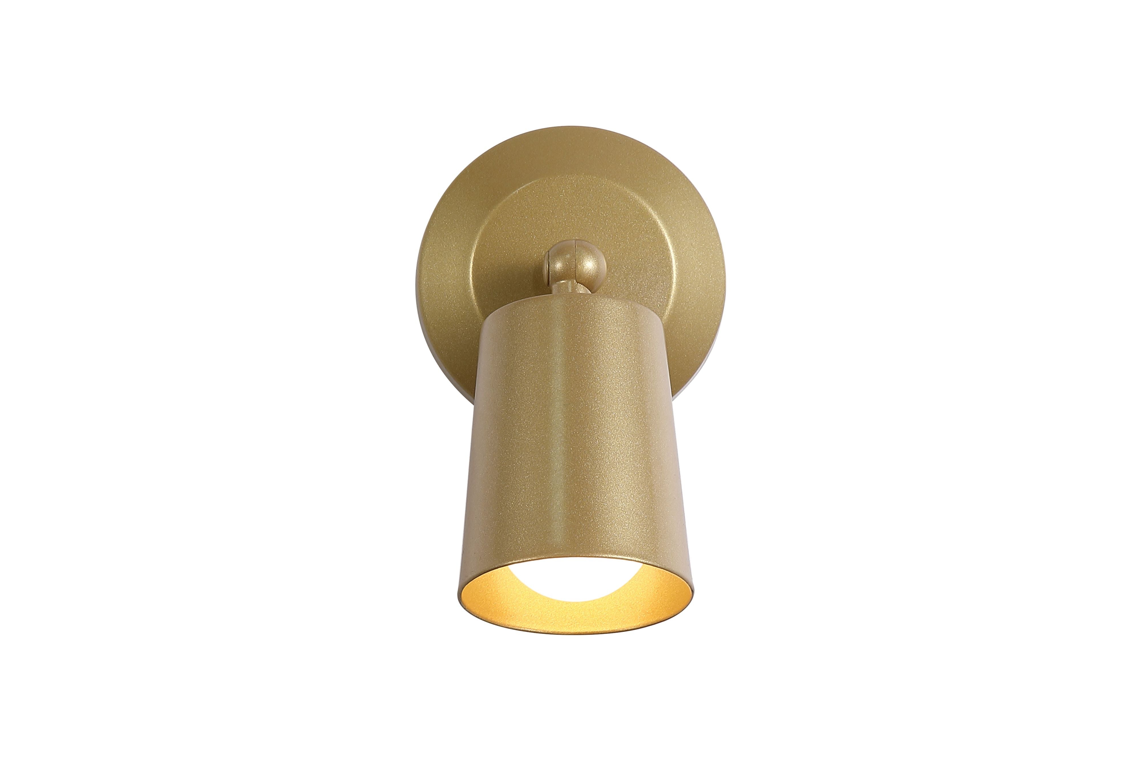 Cone rechargeable wall light in gold, studio shot, light off, showing the round wall plate and cylindrical shade on a plain white background