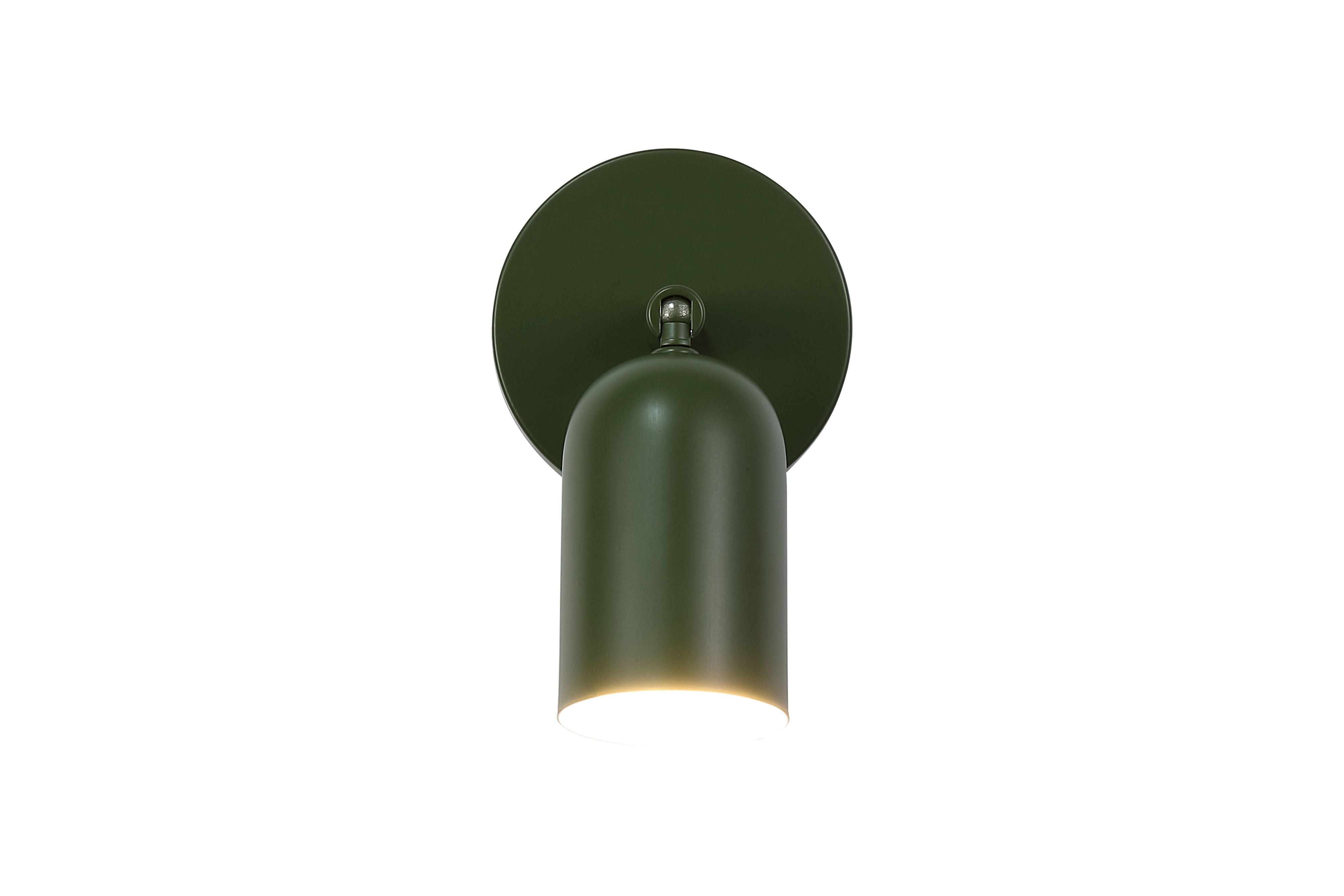 Cone rechargeable wall light in deep army green, studio shot, light off, showing the round wall plate and rounded bullet shaped shade