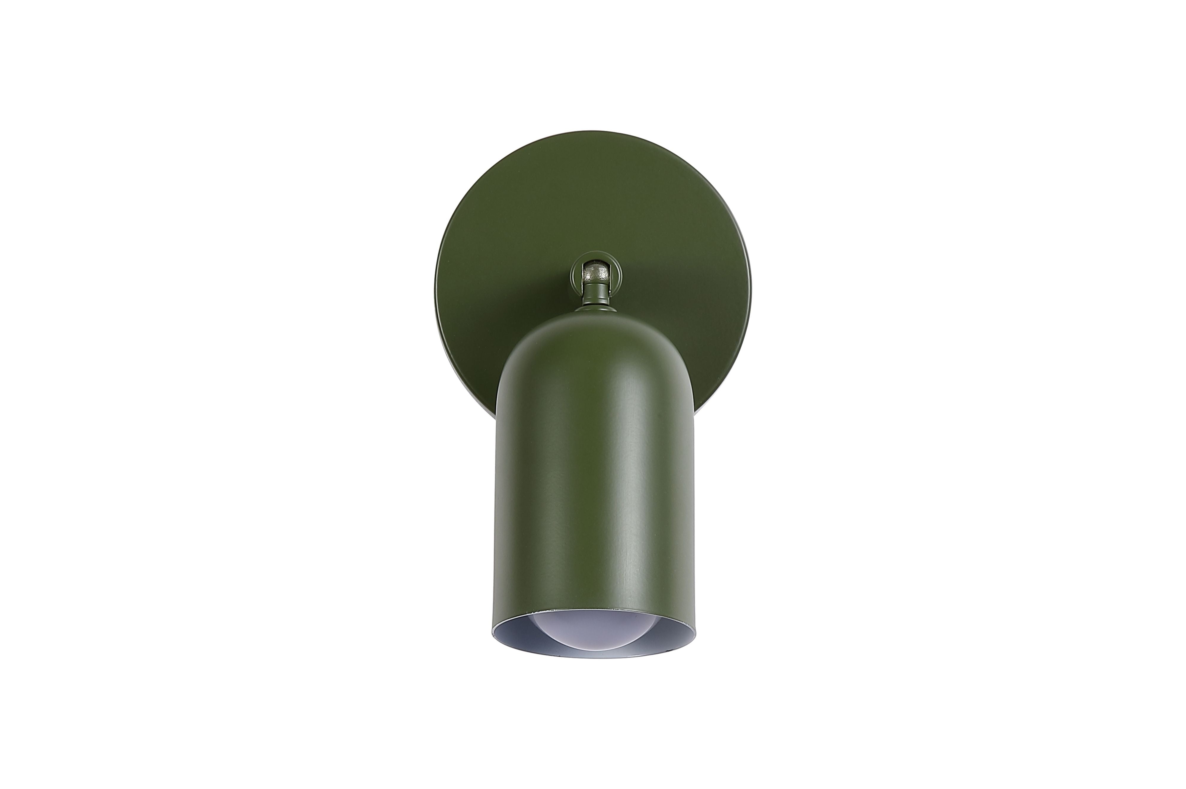 Cone rechargeable wall light in green, studio shot with the LED switched on, warm light glowing from the base of the shade