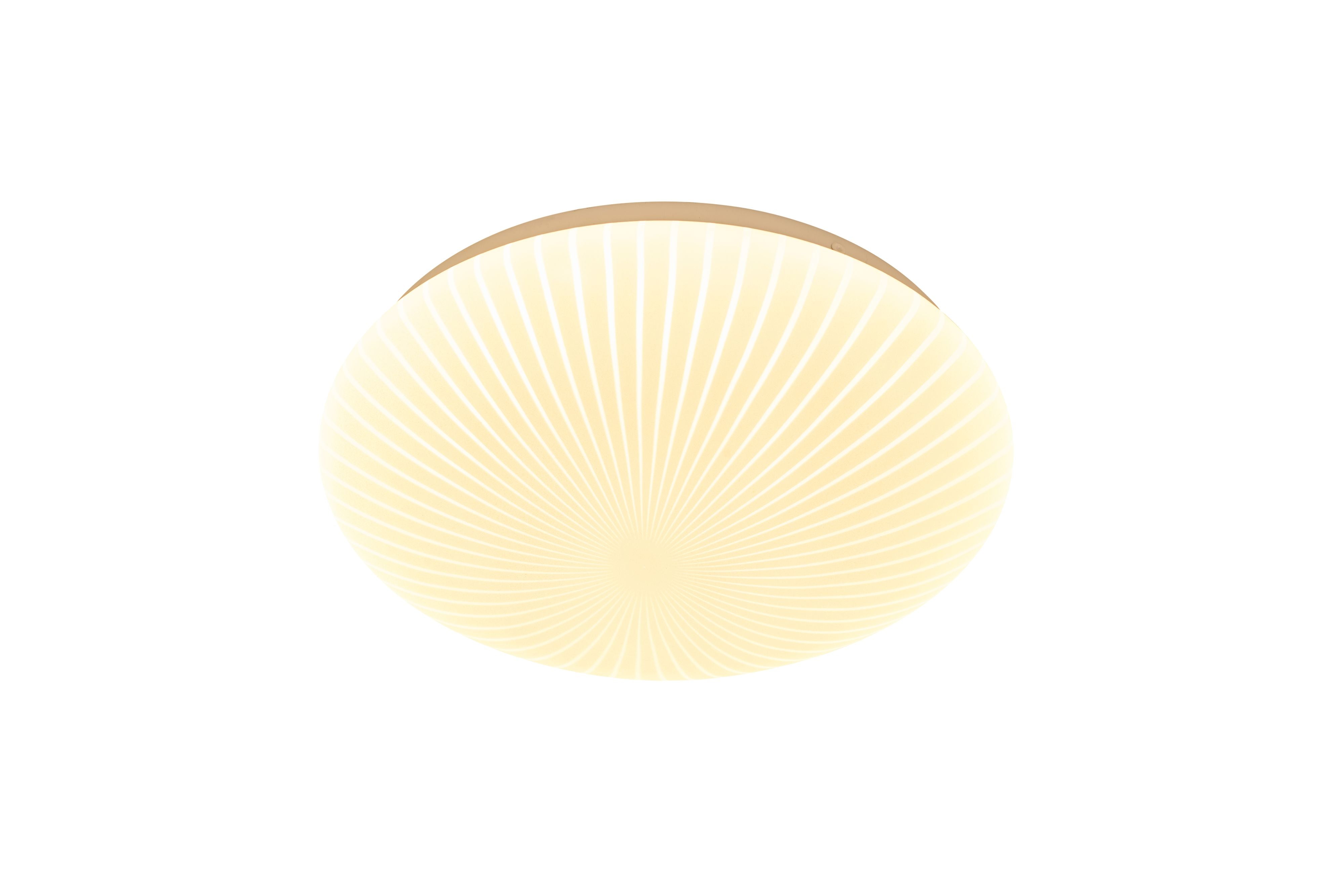 Searchlight Malta LED flush ceiling light in white acrylic, angled studio shot showing the pleated sunburst pattern moulded into the dome shade, lit warm white