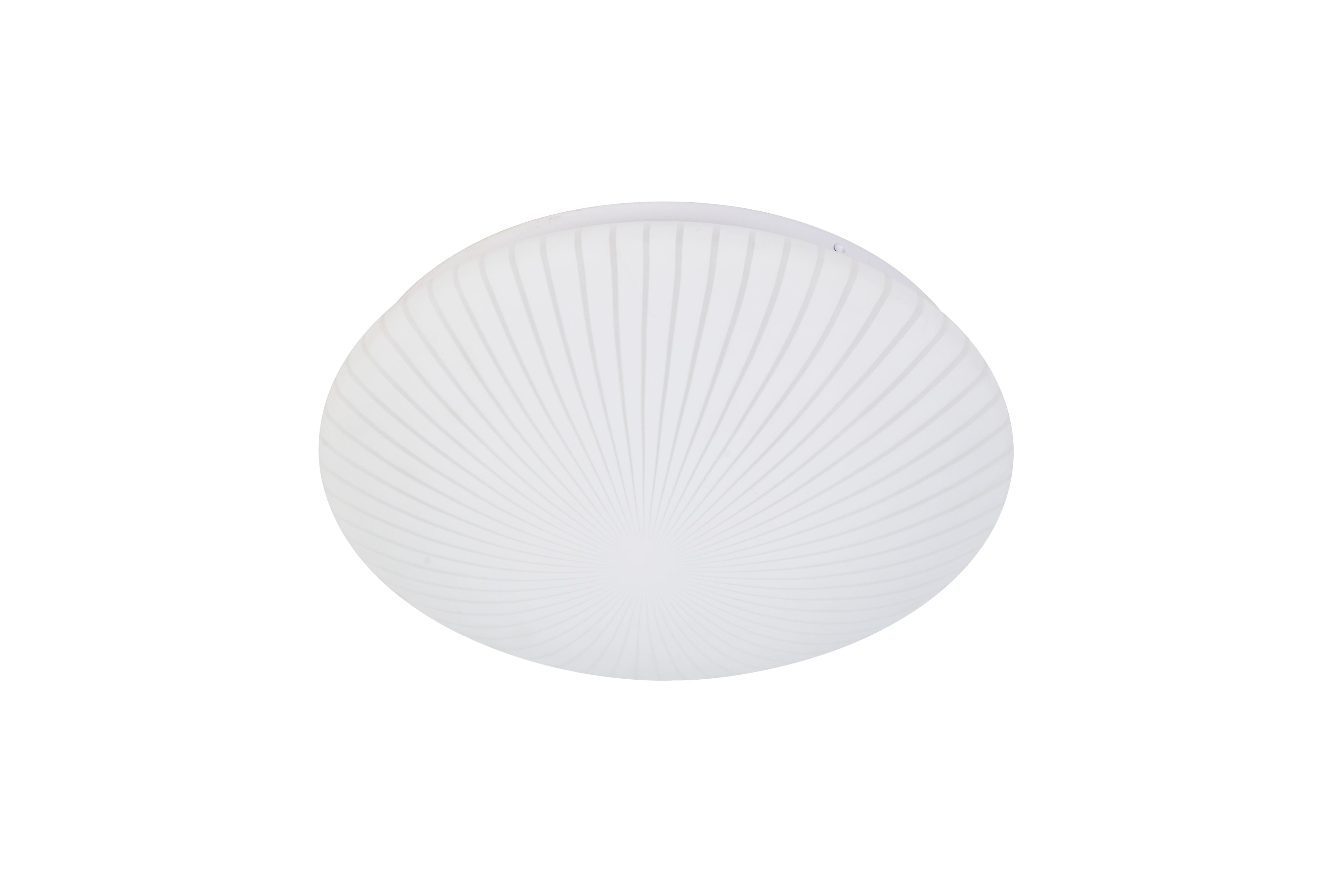 Searchlight Malta LED flush ceiling light in white acrylic, straight on studio shot showing the pleated dome shade lit in a cooler white tone