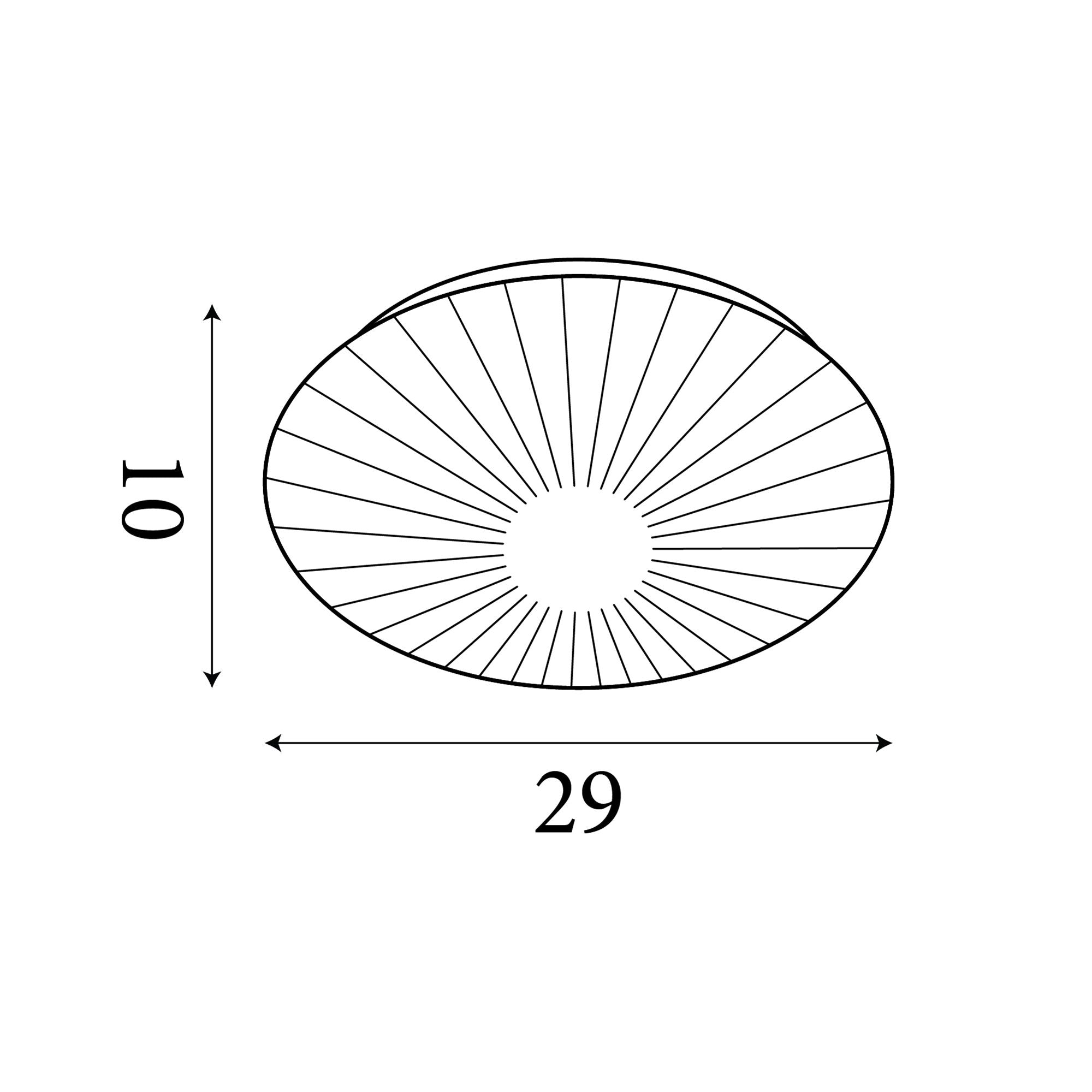 Technical line drawing of the Malta 29cm flush ceiling light showing dimensions of 10cm height and 29cm width