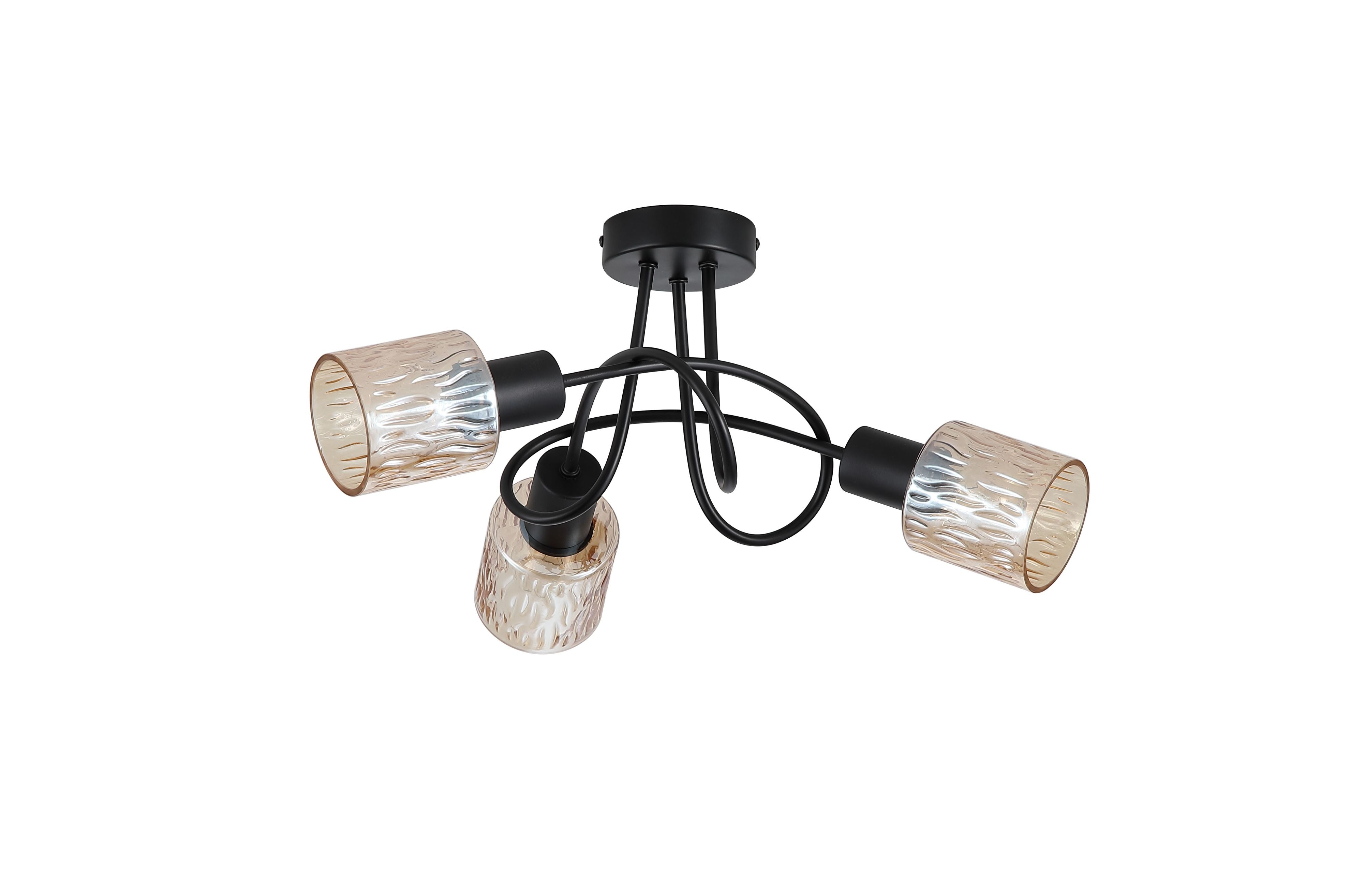 Searchlight Knot 3 Light Ceiling Lamp in matte black with amber textured glass shades, alternate studio angle
