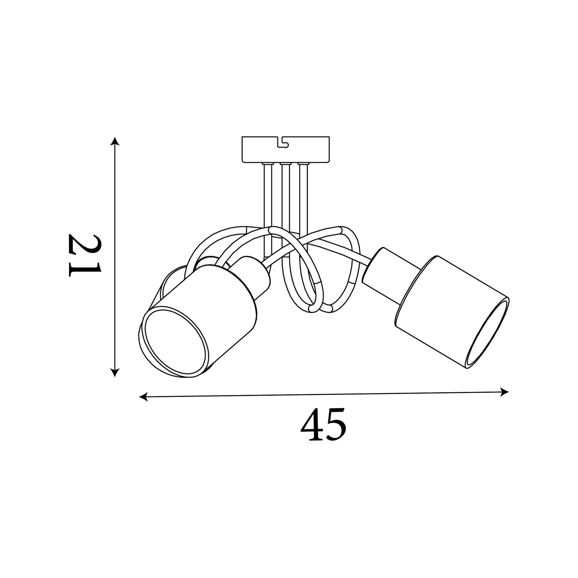 Technical line drawing of the Searchlight Knot 3 Light Ceiling Lamp showing dimensions of 45cm wide by 21cm high