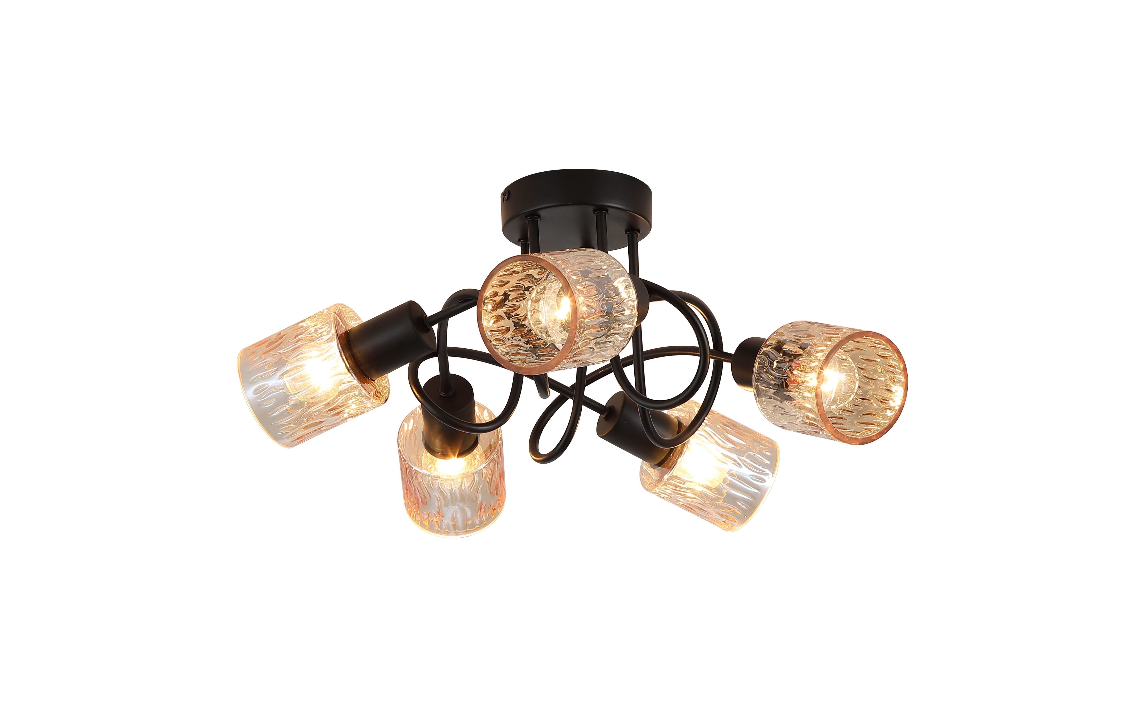 Searchlight Knot 5 Light Ceiling Lamp in matte black with amber textured glass shades, studio shot on white background