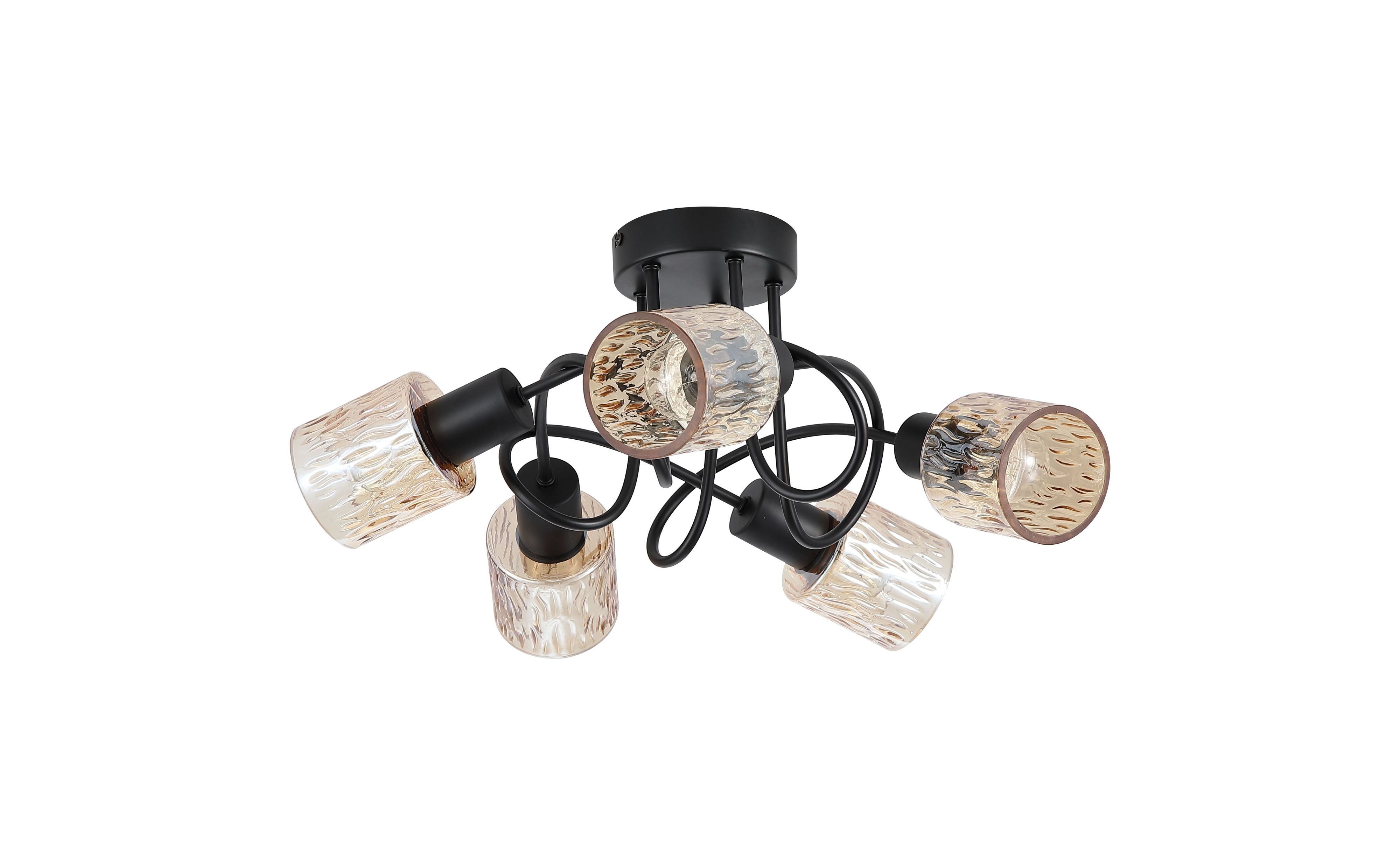 Searchlight Knot 5 Light Ceiling Lamp in matte black with amber textured glass shades, alternate studio angle