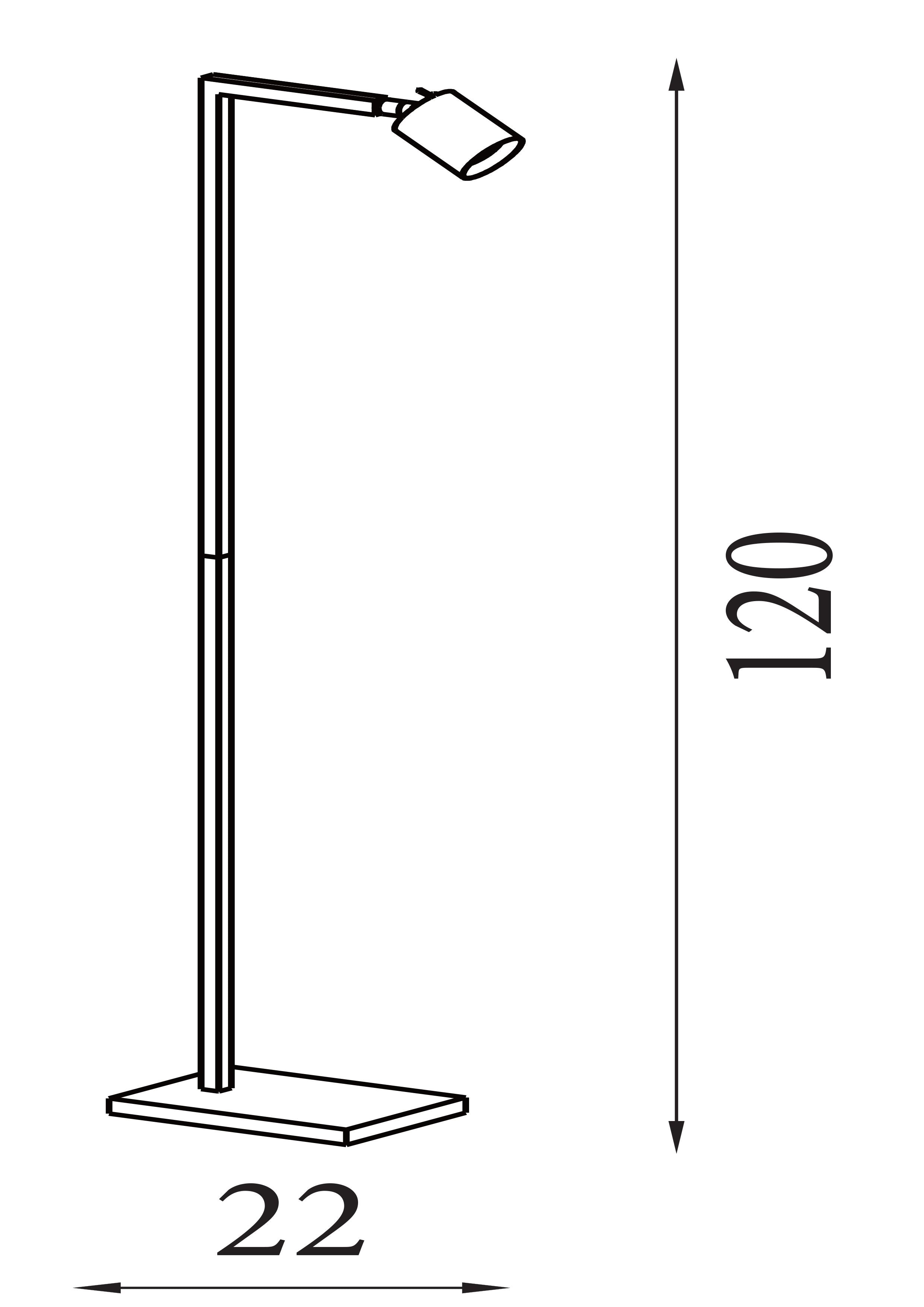 Line drawing of the Office floor lamp showing dimensions of 120cm height and 22cm width