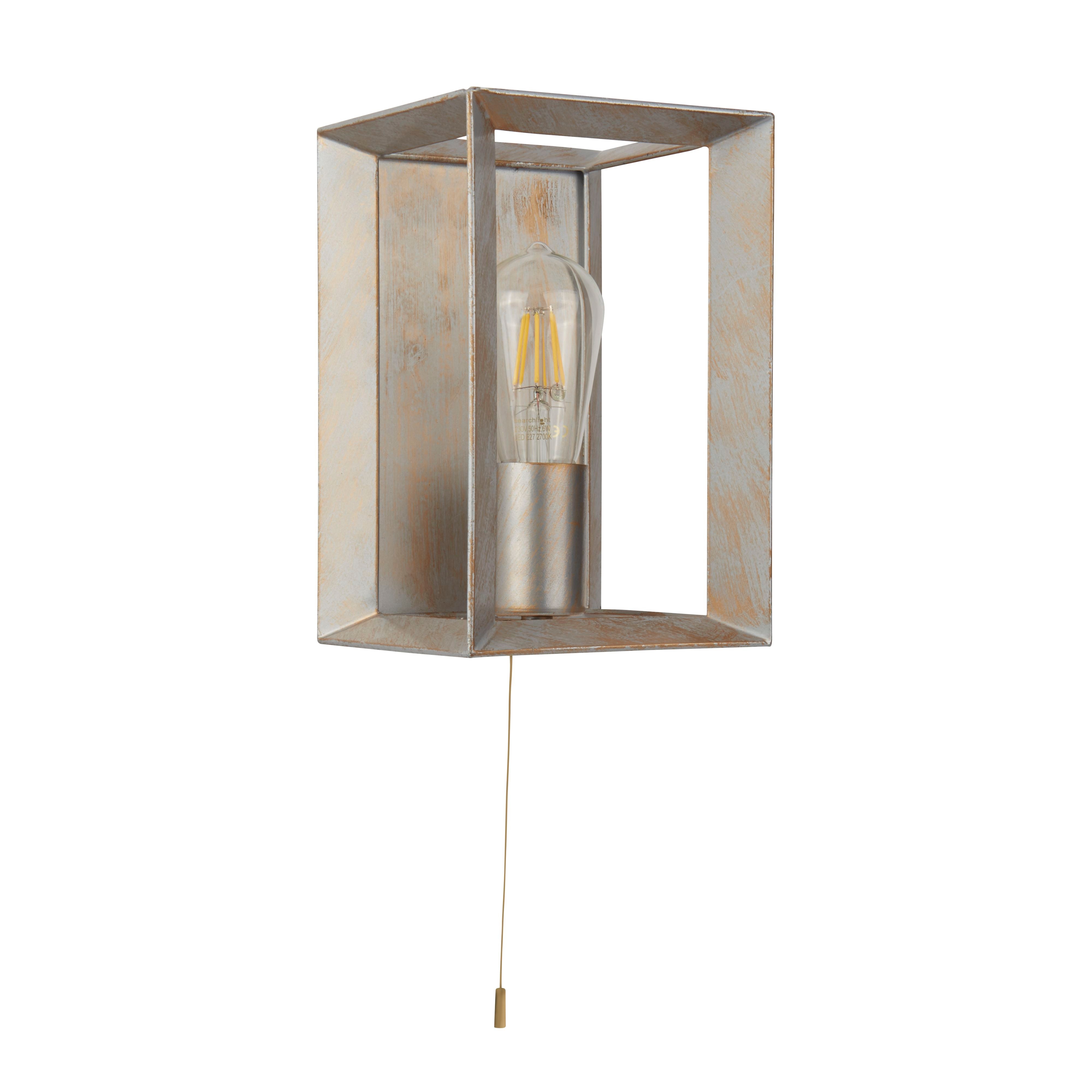 Searchlight Heaton Wall Light in brushed gold and silver metal, alternative angled view showing the box frame and brushed finish