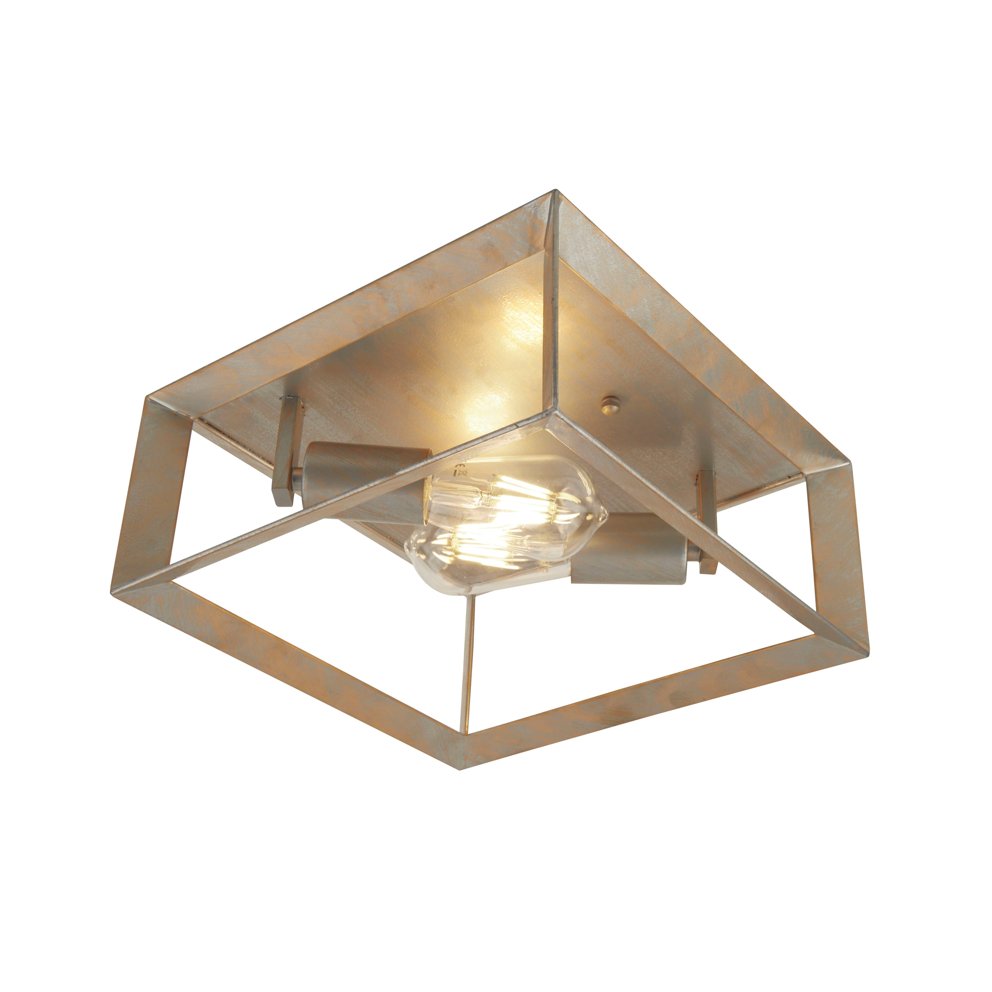 Searchlight Heaton 2 Light Flush ceiling light in brushed gold and silver metal, angled view of the open cube frame with two exposed filament bulbs, on a plain studio background