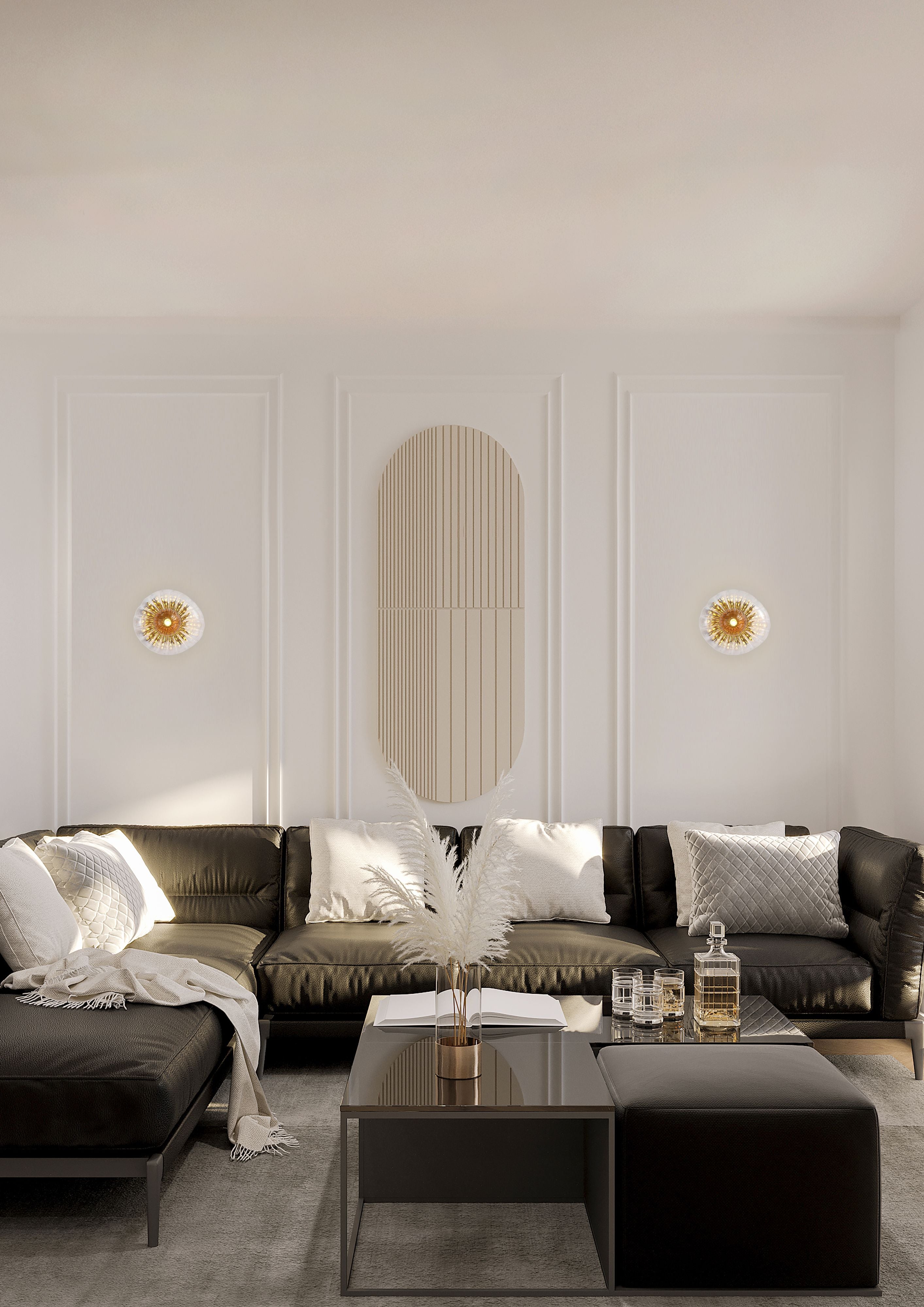 Two Searchlight Sunbeam 1 light wall lights mounted either side of a decorative wall panel above a dark leather corner sofa in a living room