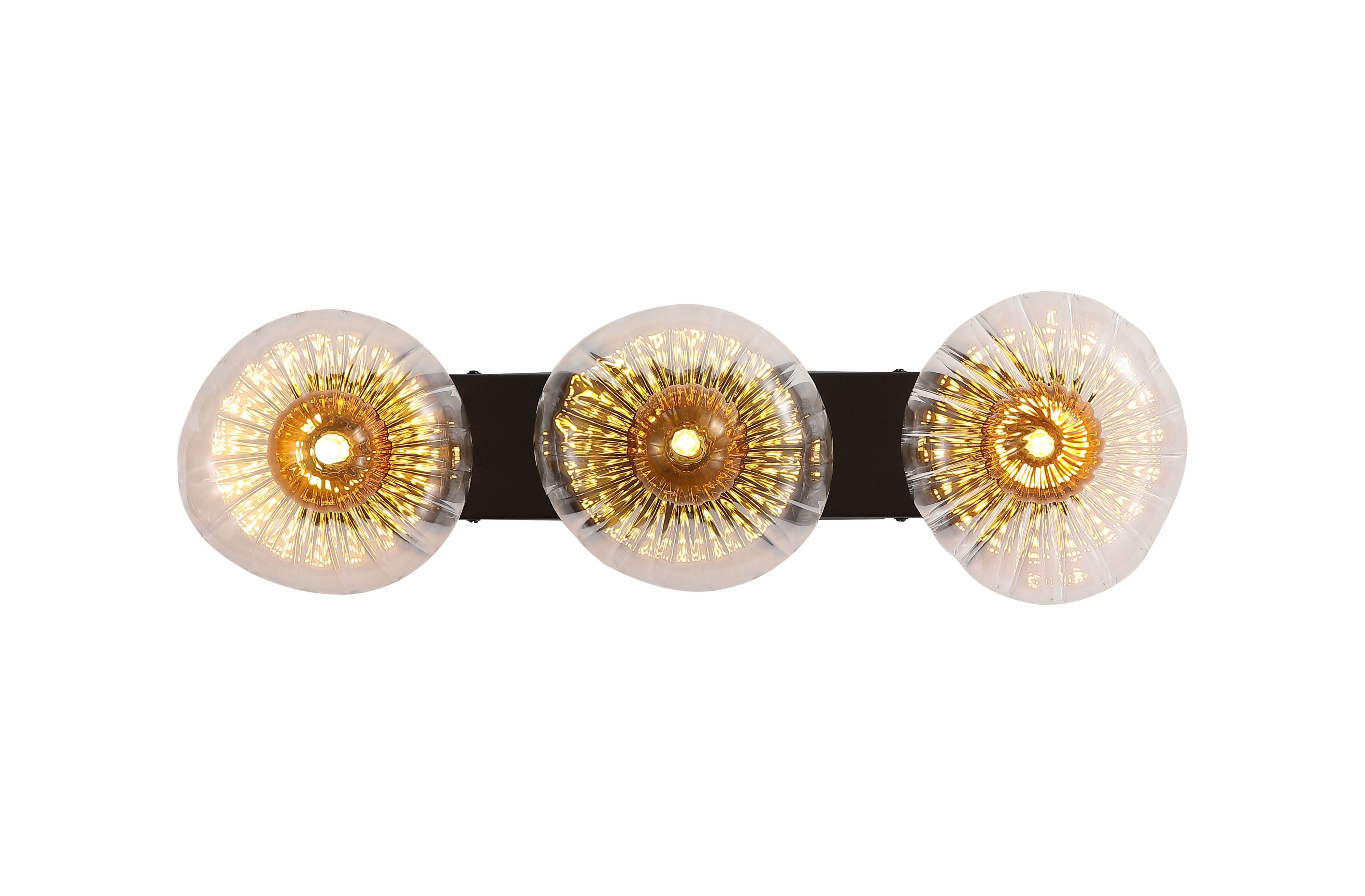 Searchlight Sunbeam 3 light wall light, three lit clear ribbed glass discs with amber toned centres mounted along a black bar on a white background