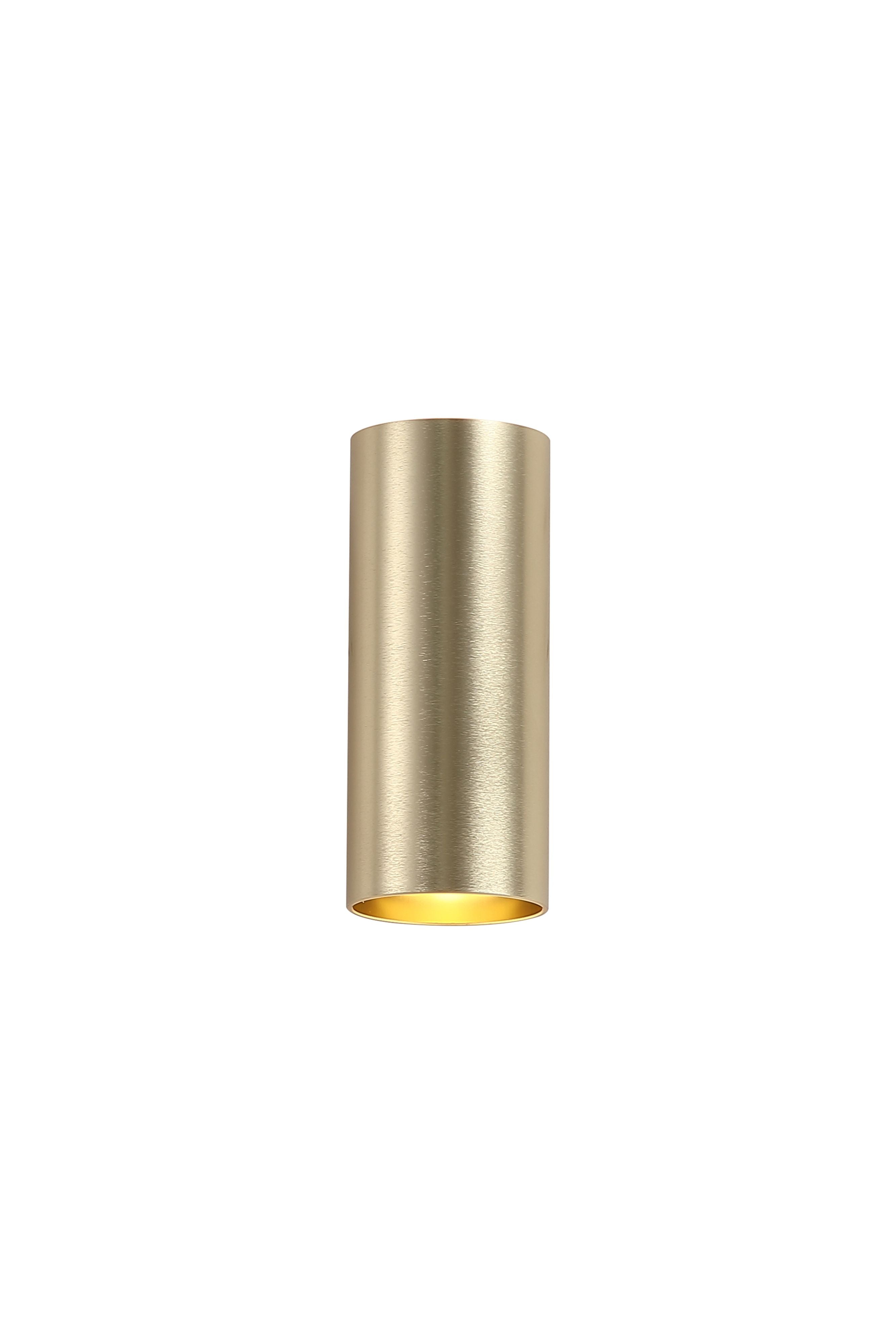 Searchlight Cyls cylinder up and down wall light in brushed gold, angled studio shot showing the tall cylinder form