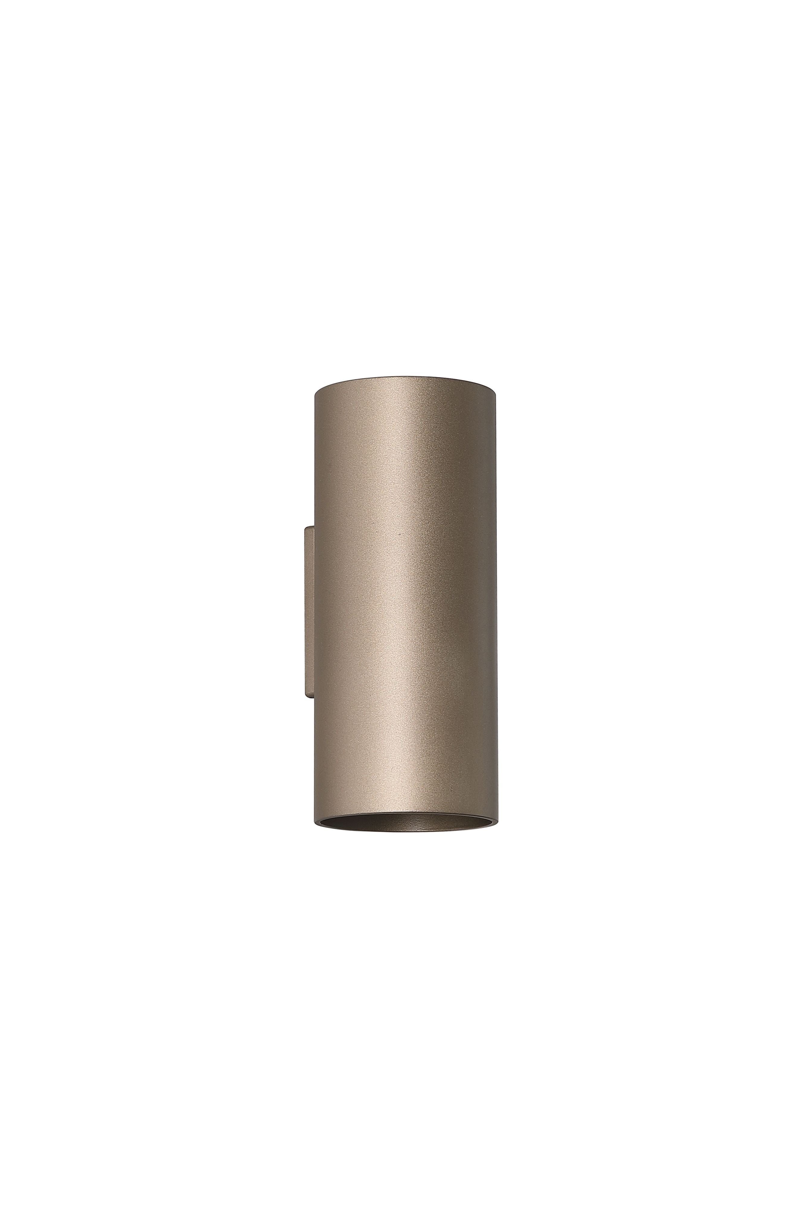 Searchlight Cyls cylinder up and down wall light in latte finish, front angled studio shot of the matte taupe brown cylinder