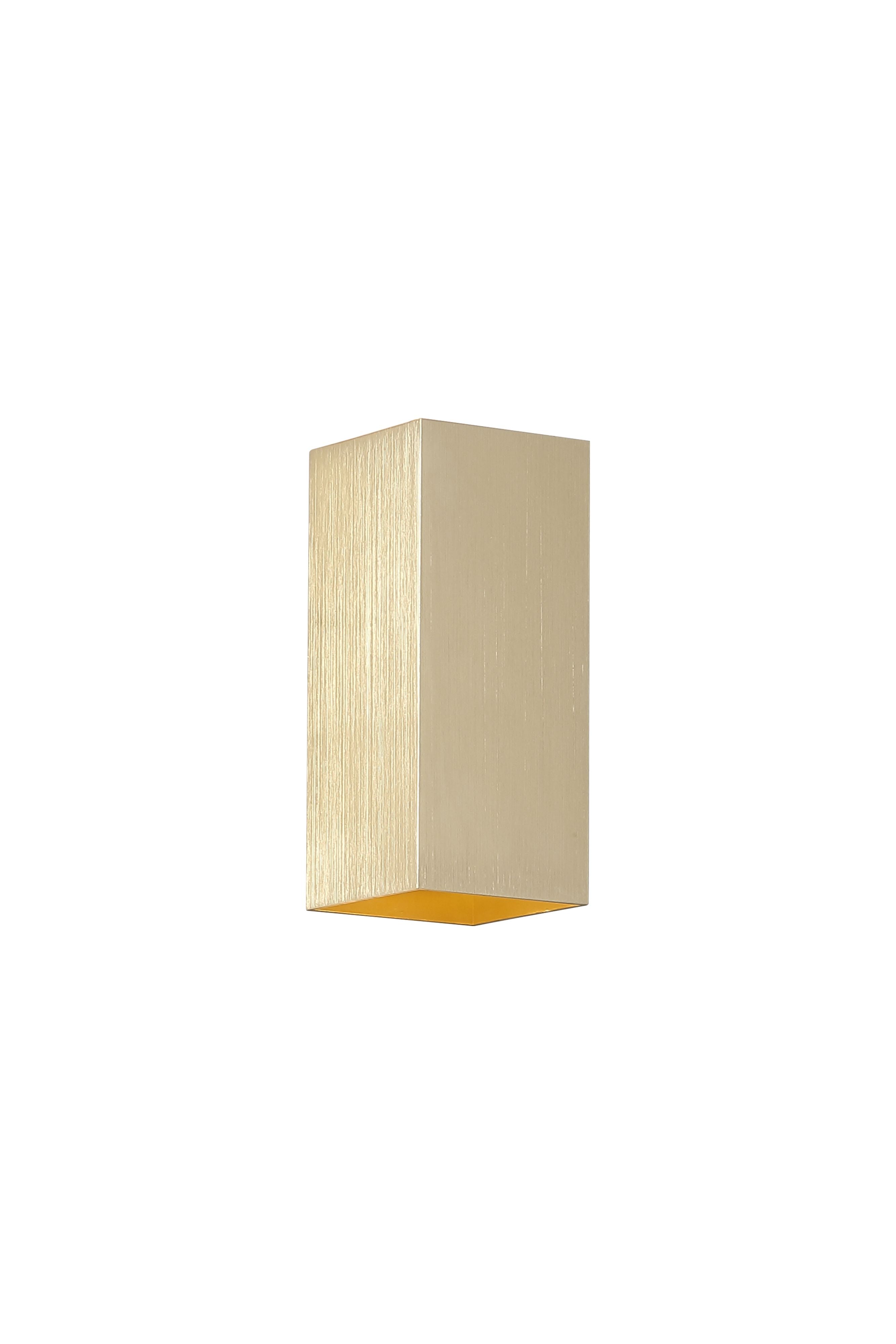 Searchlight Don square up and down wall light in brushed gold, angled studio shot showing the linear brushed texture on the aluminium body