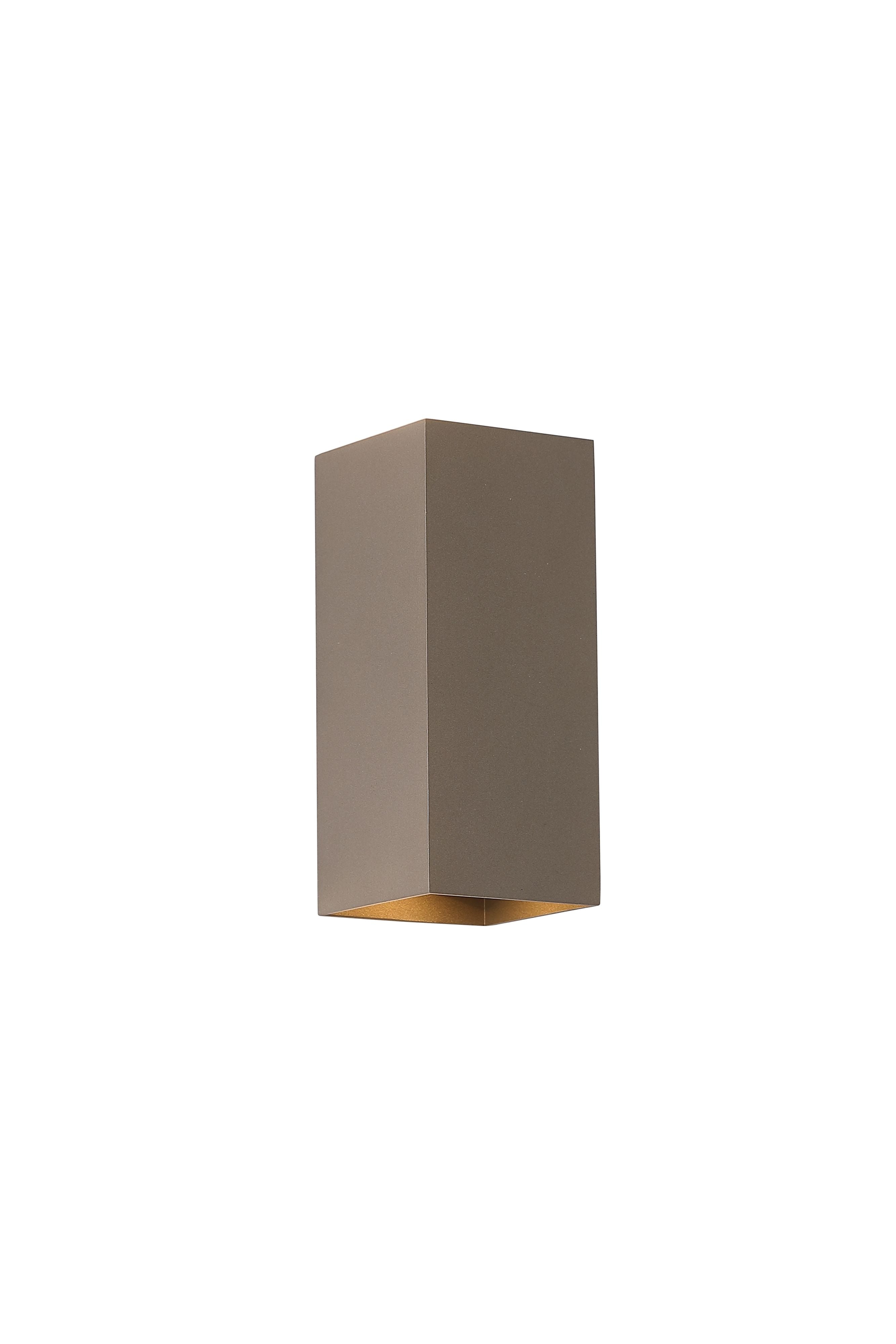 Searchlight Don square up and down wall light in latte, angled studio shot showing the smooth matte taupe brown finish