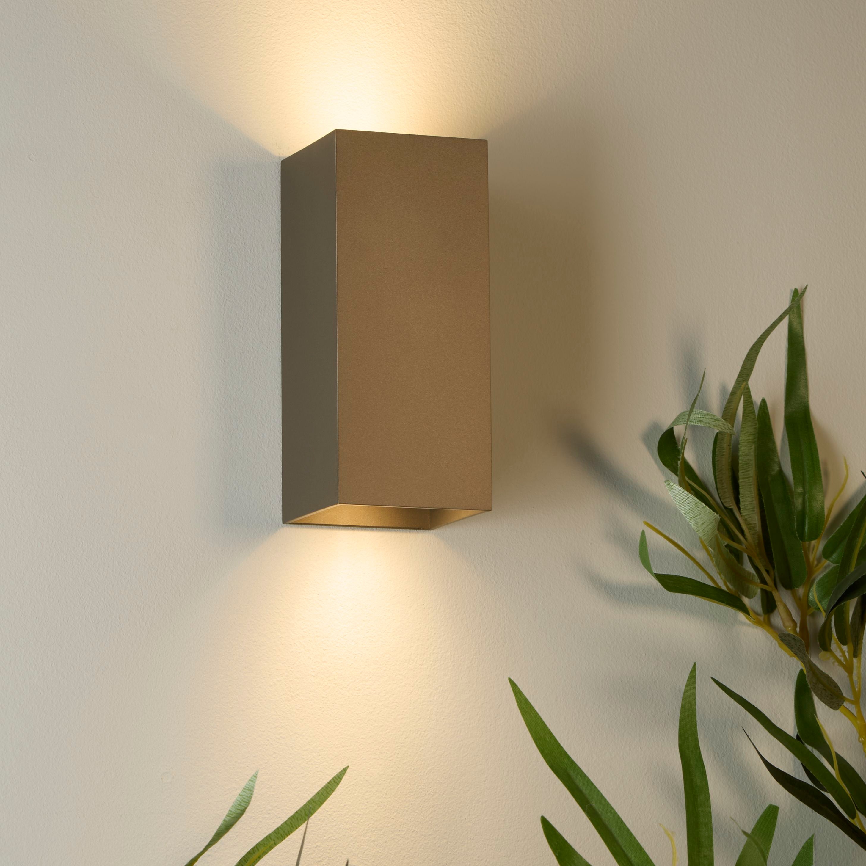 Searchlight Don wall light in latte installed on a wall beside a plant, lit and casting light both upward and downward