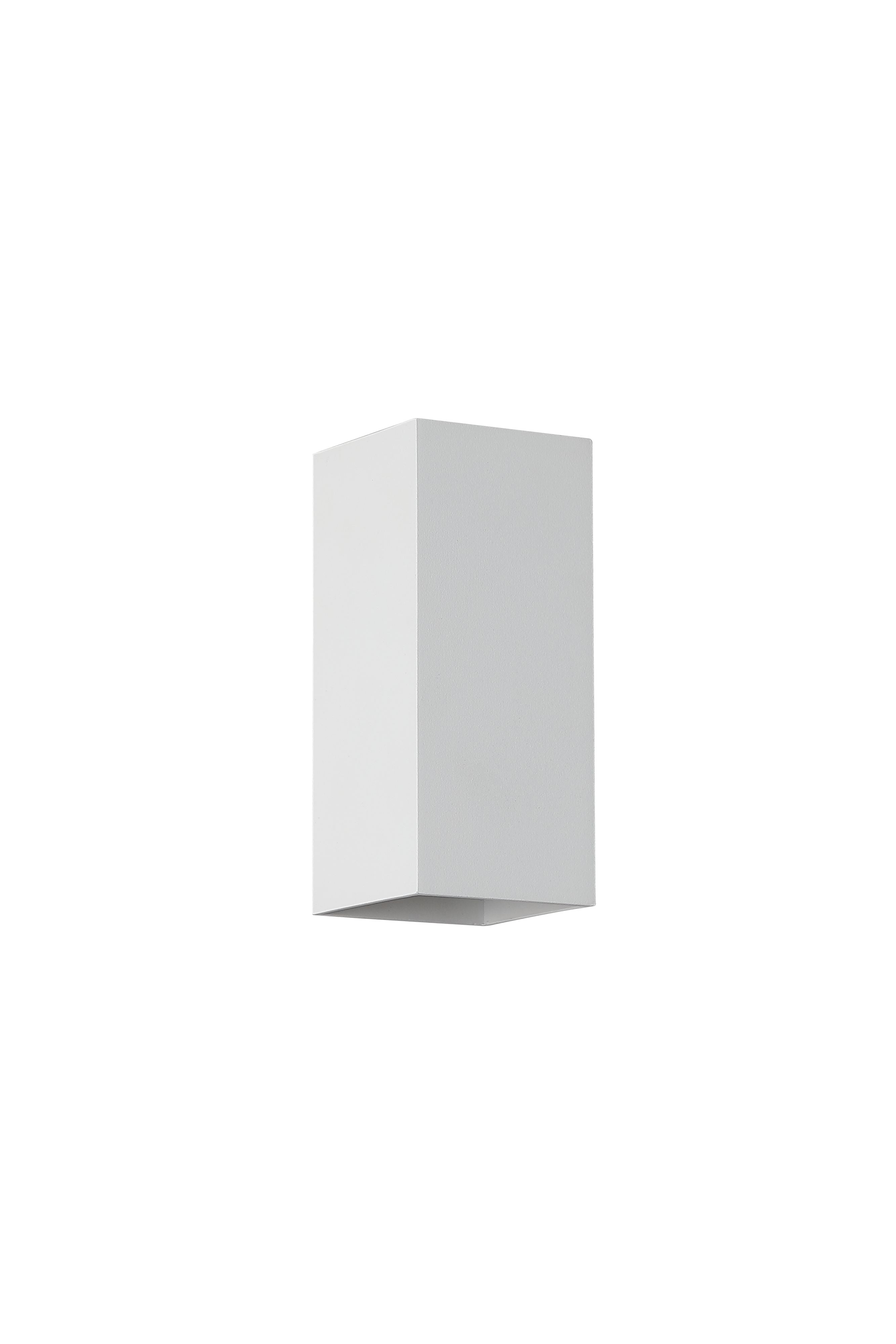 Searchlight Don square up and down wall light in matte white, angled studio view showing the bottom light aperture