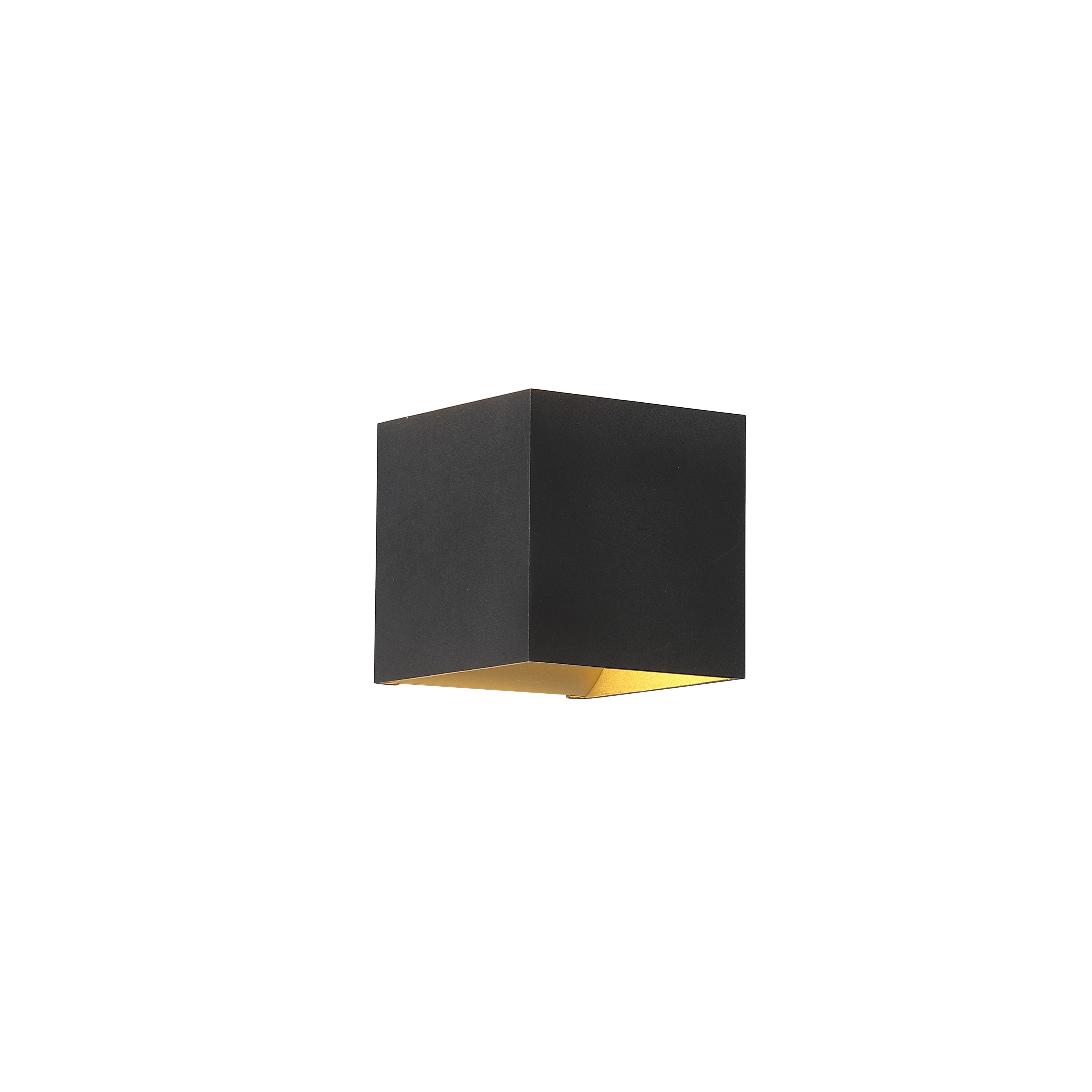Searchlight Newton square up and down wall light in matte black with gold interior, angled studio shot showing the cube shaped body