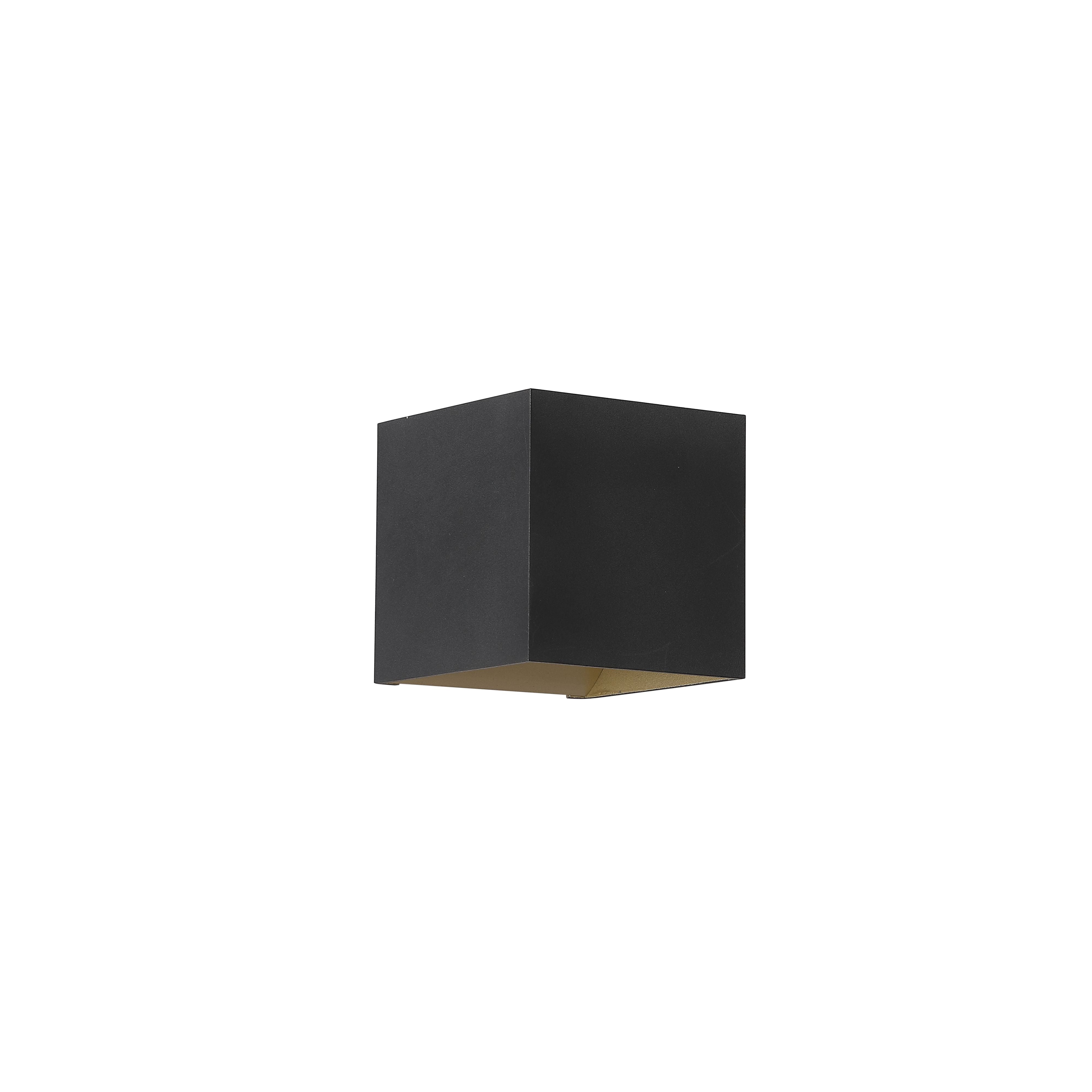 Searchlight Newton square up and down wall light in matte black with gold interior, second angled studio view showing the bottom light aperture