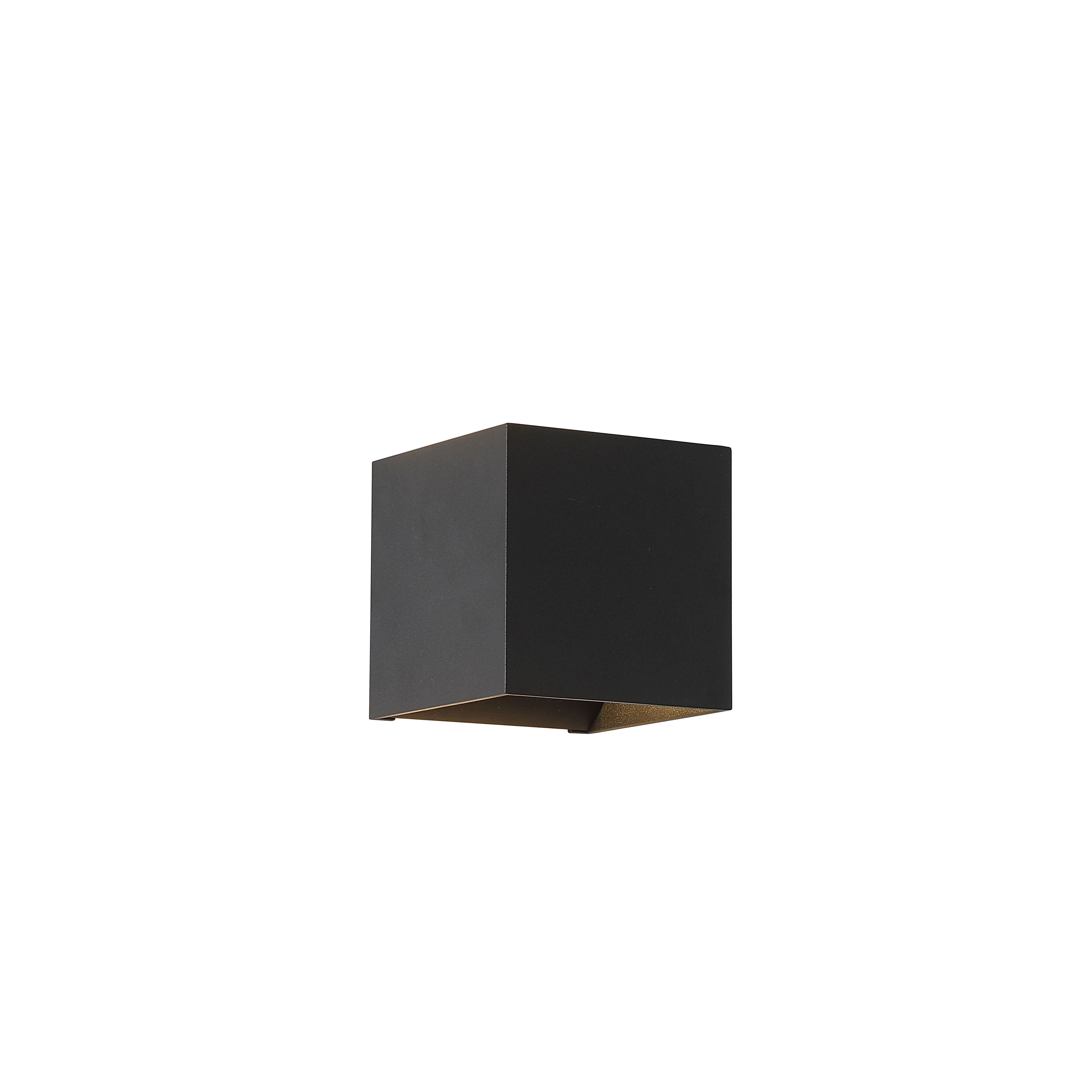 Searchlight Newton Square Up & Down Wall Light in matte black, front three quarter studio view showing the cube shaped body