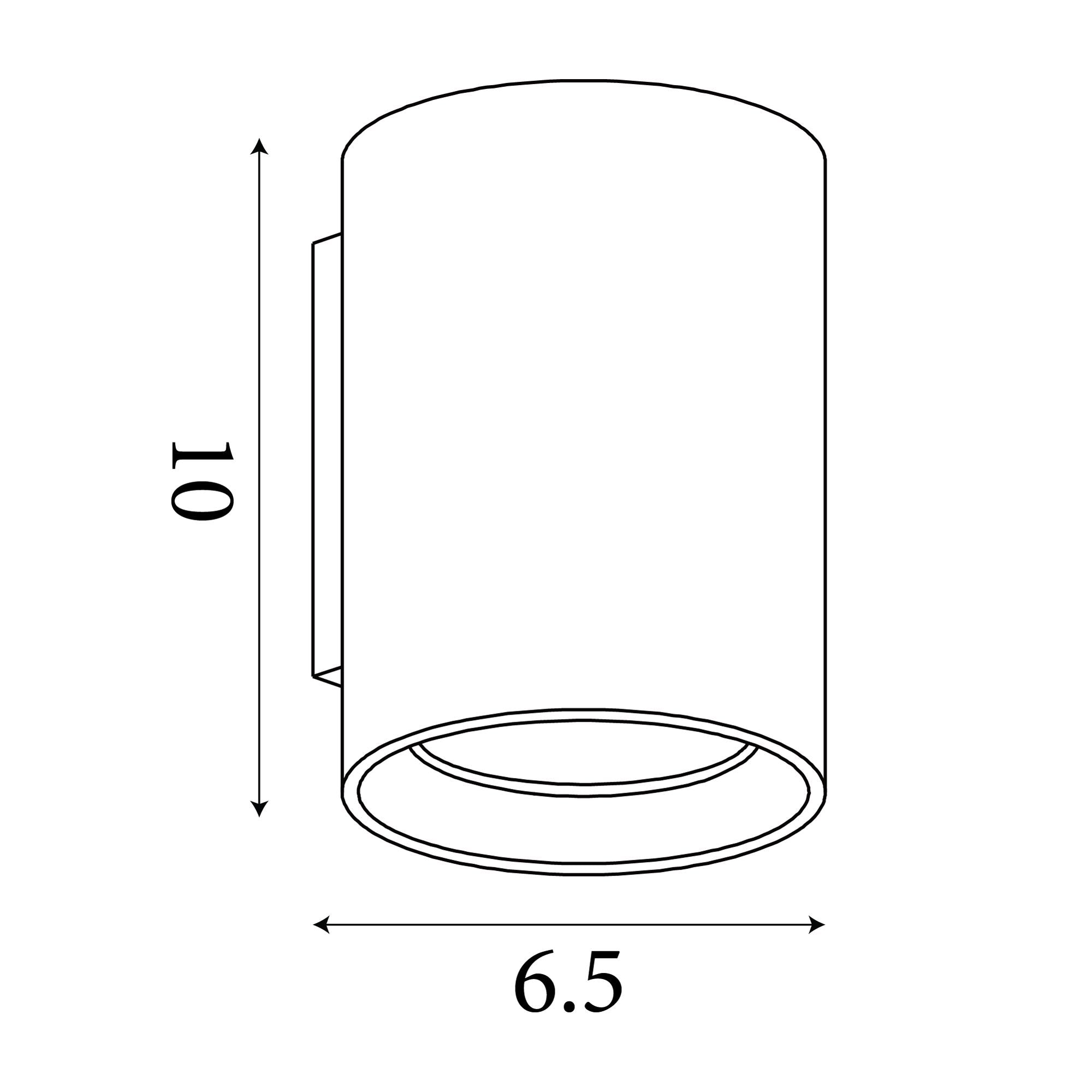 Technical line drawing of the Searchlight Cyls Cylinder Down Wall Light showing dimensions of 10cm height and 6.5cm width with wall bracket detail