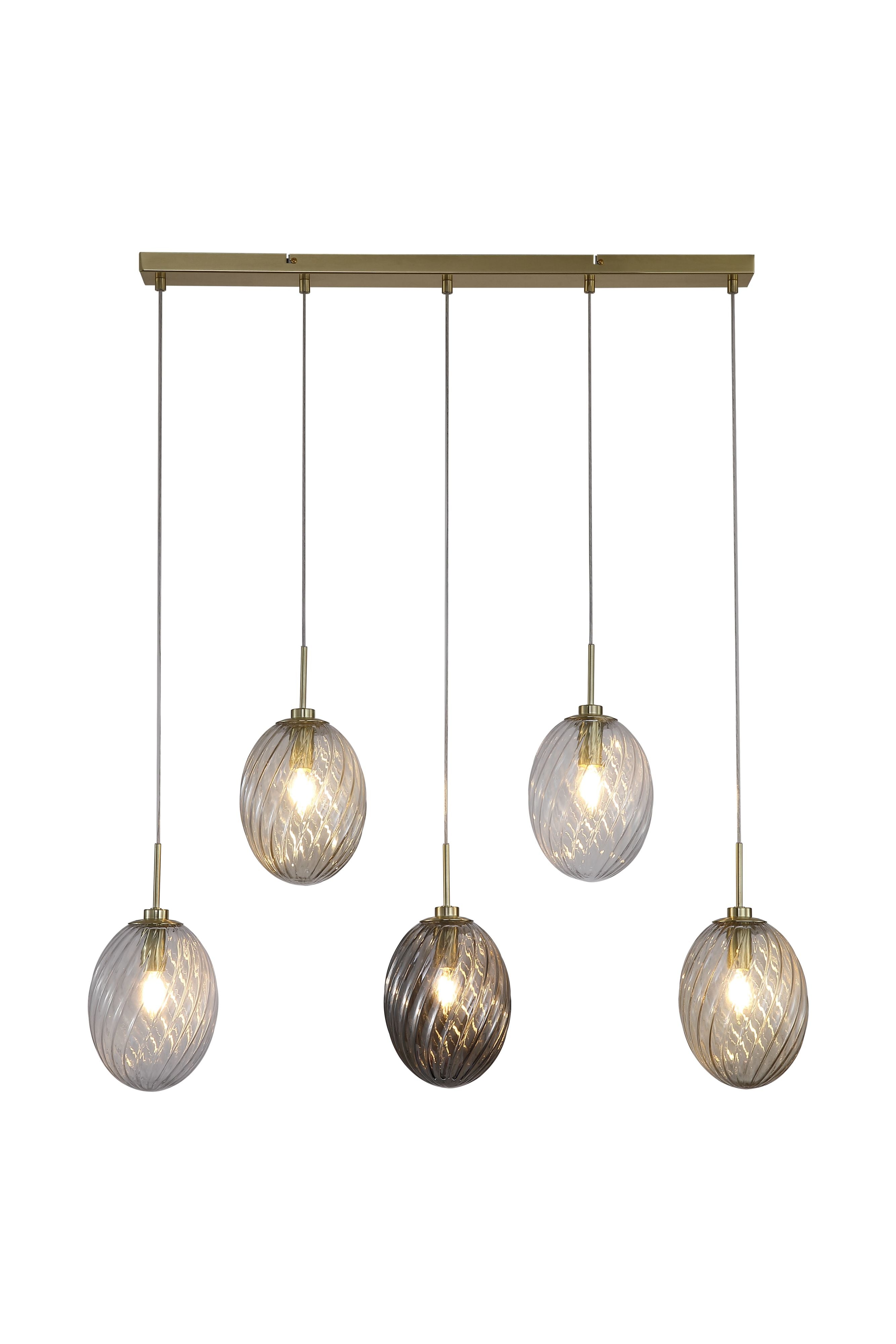 Searchlight Whirl 5 Light Bar Pendant in satin brass, front view of five ribbed egg shaped glass shades in clear, champagne and smoked tones hanging at staggered heights from a satin brass ceiling bar
