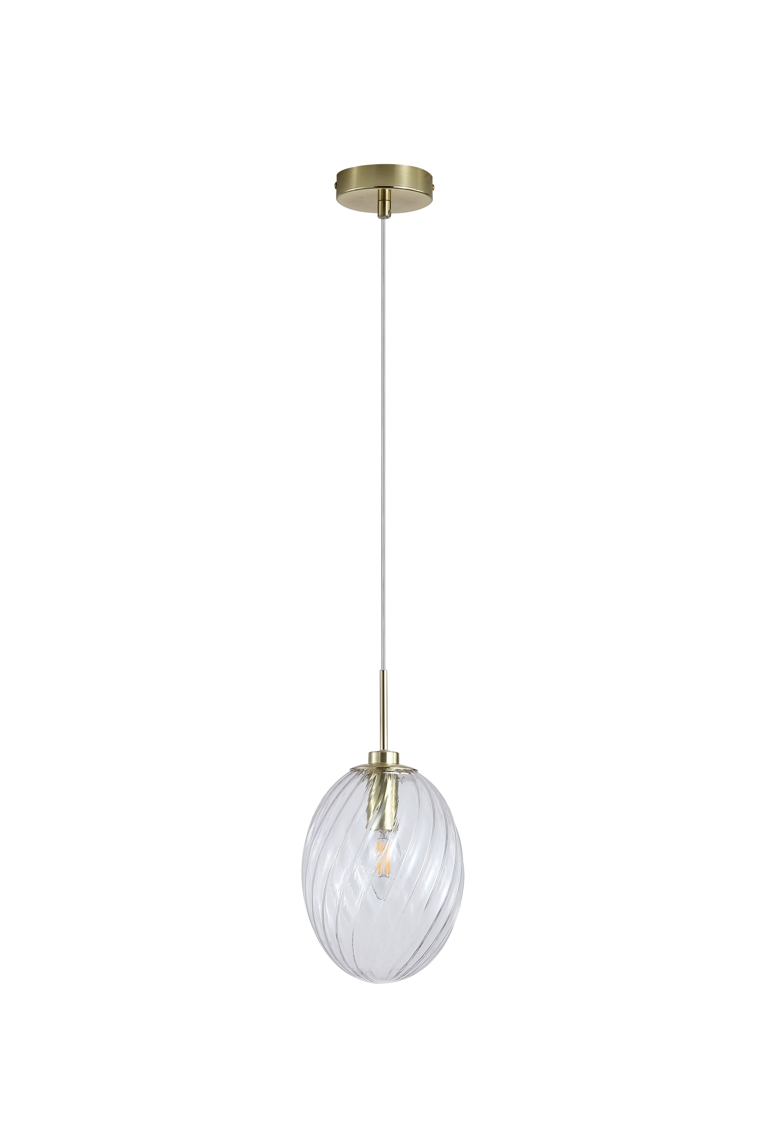 Searchlight Whirl 1 Light Pendant, alternate angle of the clear ribbed glass shade on its satin brass rod with a lit bulb inside