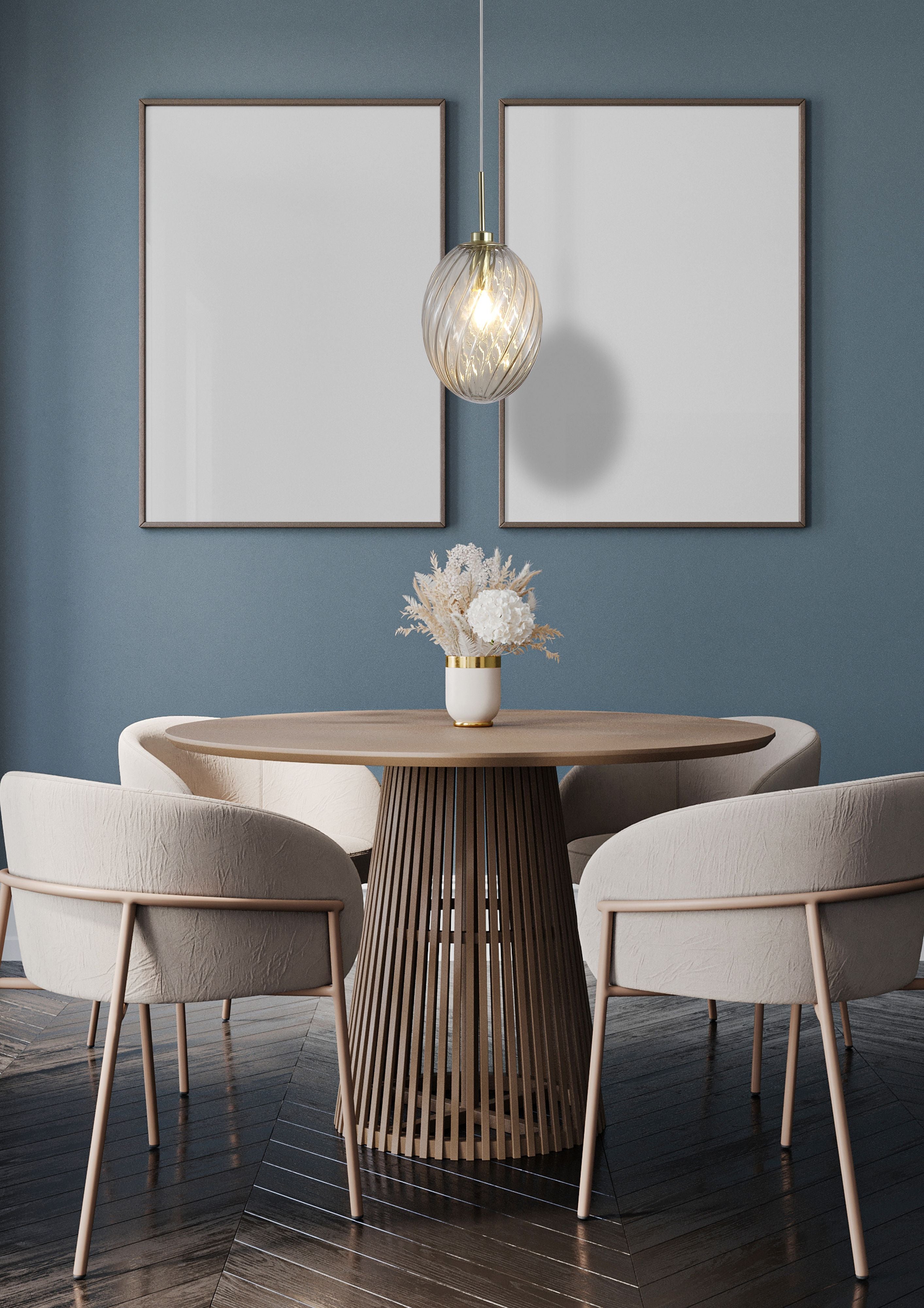 Searchlight Whirl 1 light pendant with champagne glass shade hung above a round wooden dining table with cream upholstered chairs, against a blue wall with two picture frames