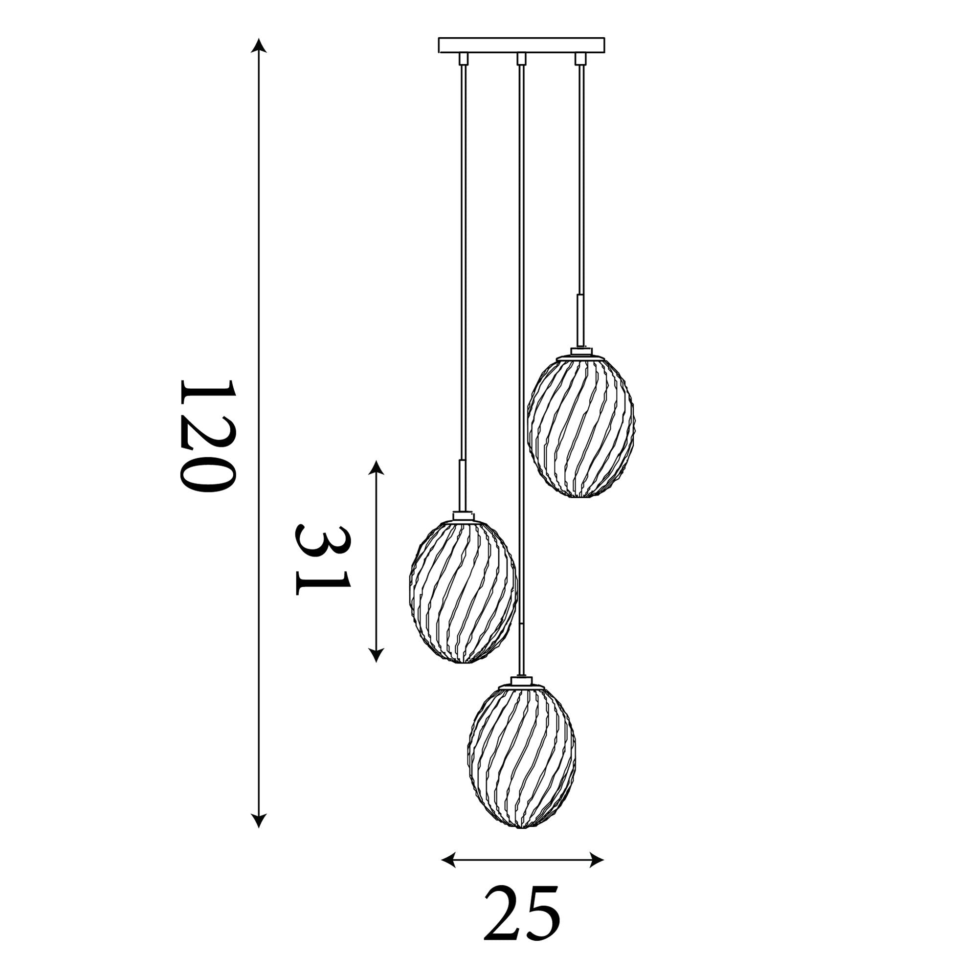 Line drawing of the Searchlight Whirl 3 light multi drop pendant showing a 25cm ceiling plate width, 120cm maximum drop and 31cm shade height