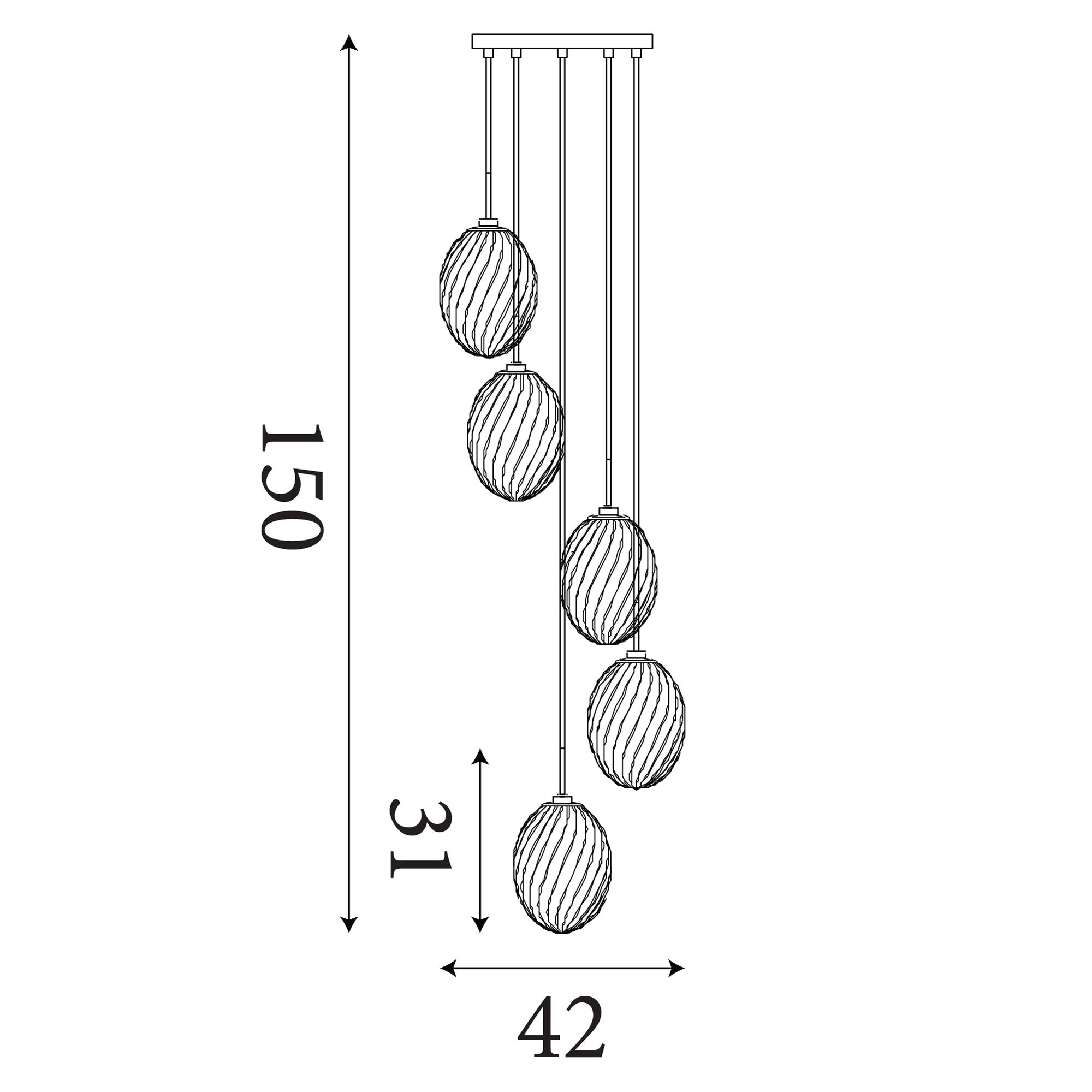 Line drawing of the Searchlight Whirl 5 light multi drop pendant showing a 42cm ceiling plate width, 150cm maximum drop and 31cm shade height