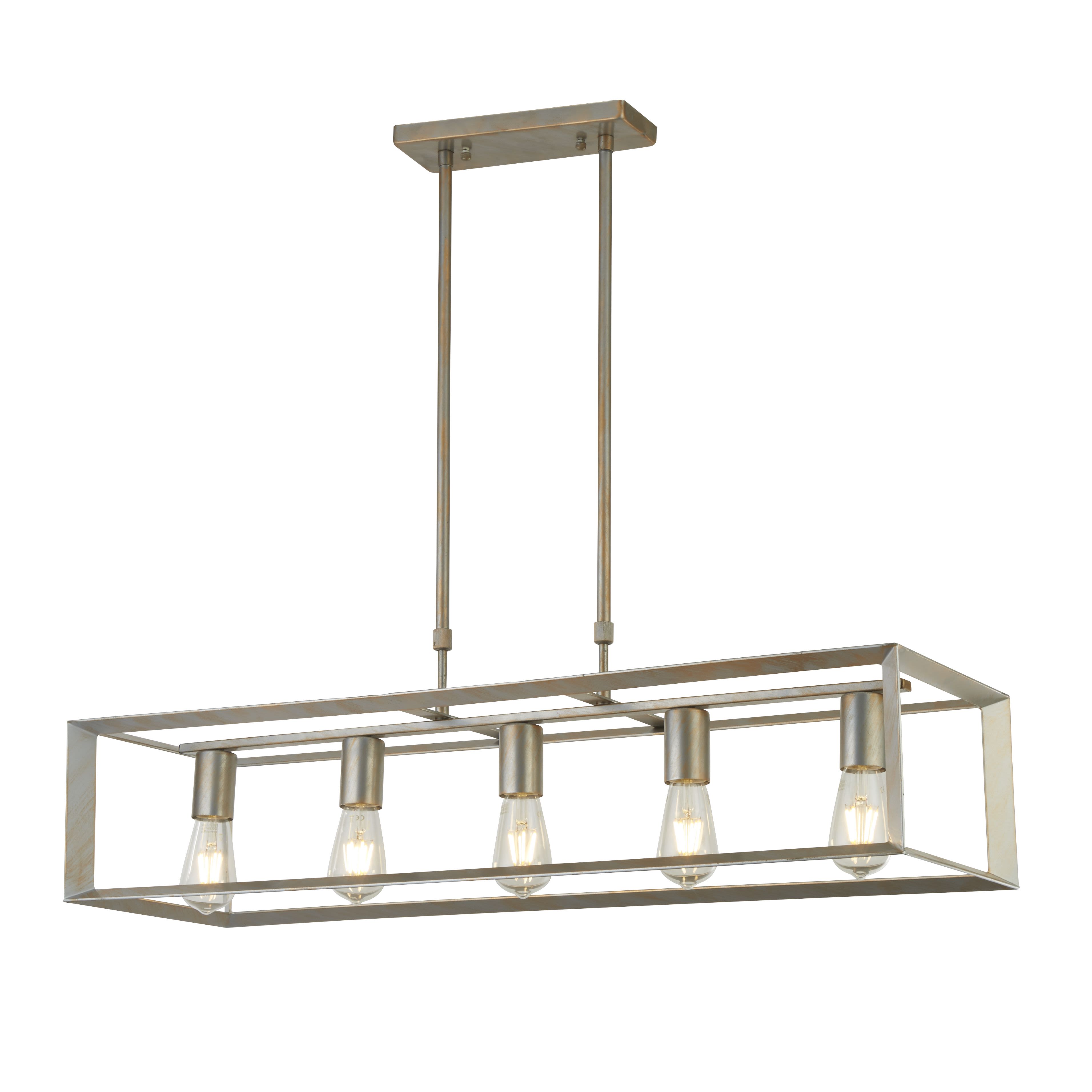 Searchlight Heaton 5 Light Pendant in brushed gold and silver metal, front view of the linear rectangular cage with five exposed filament bulbs, on a plain studio background