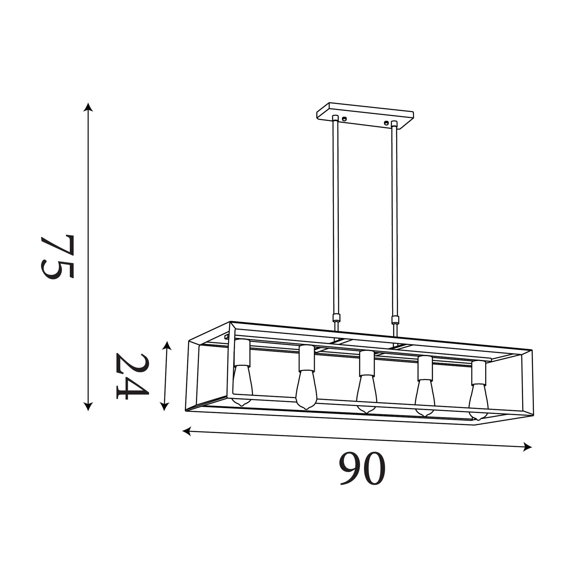 Technical line drawing of the Searchlight Heaton 5 Light Pendant with length, width and drop dimensions marked in centimetres
