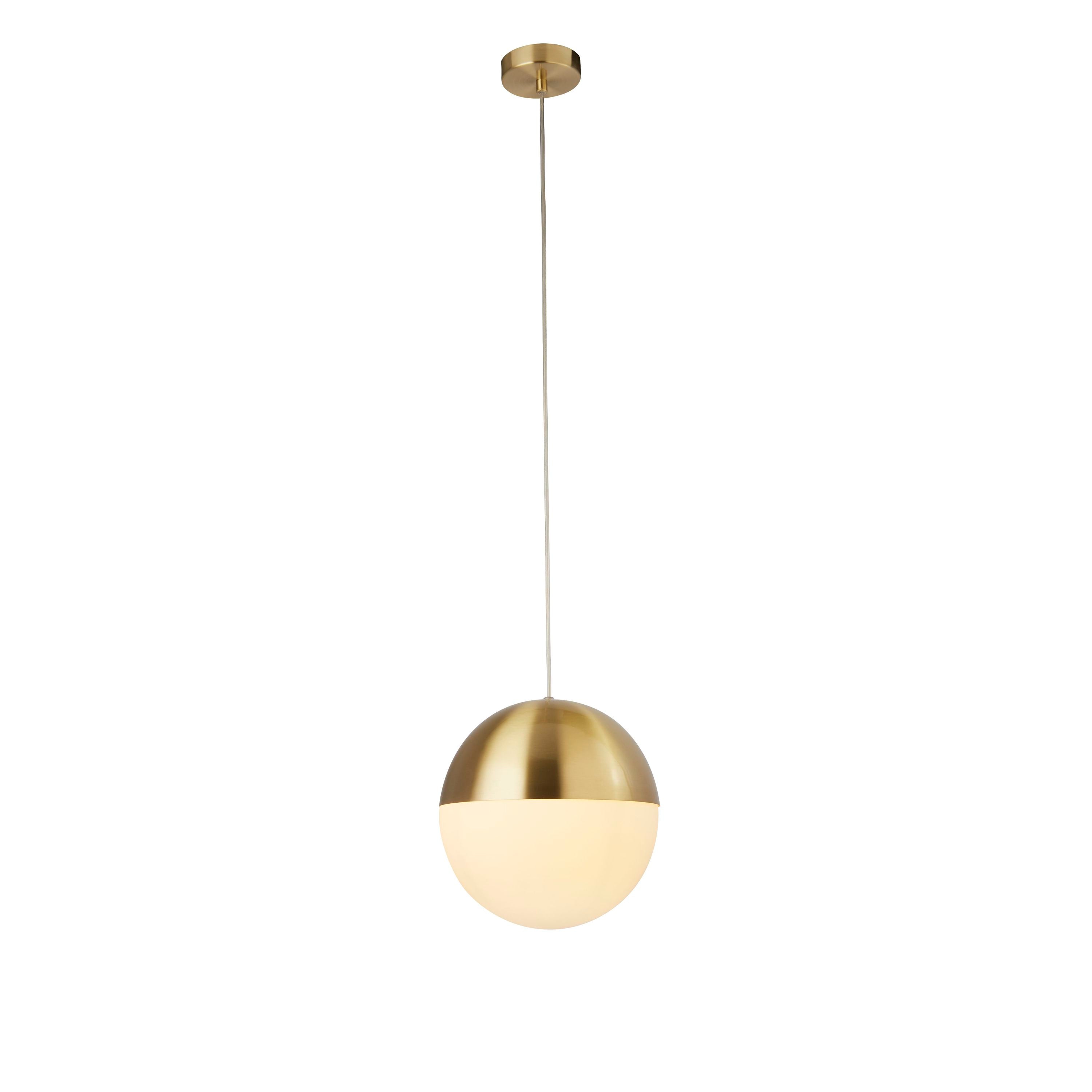 Searchlight Endor Pendant in satin brass and opal glass, full studio shot of the globe shade on its ceiling cord