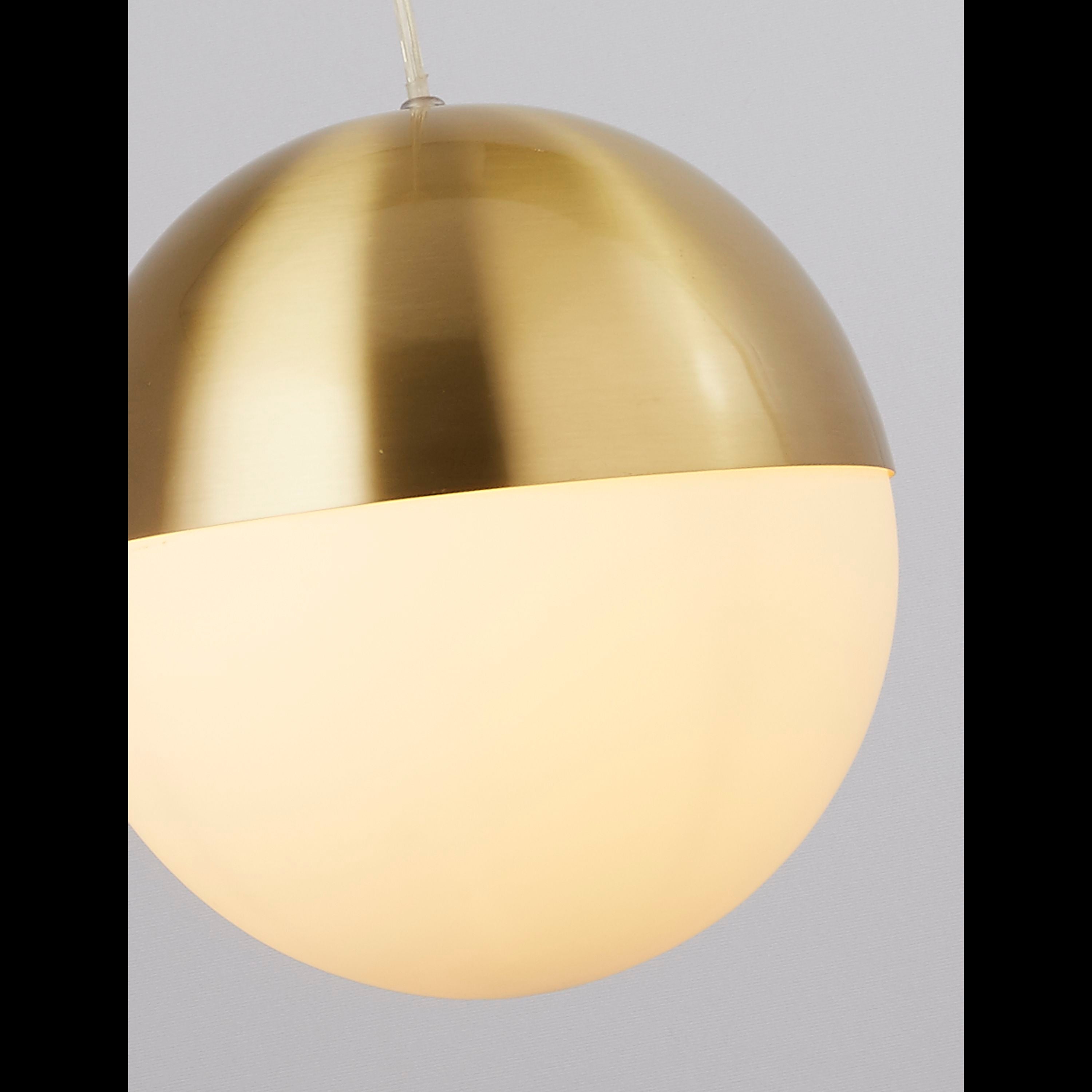 Close up of the satin brass dome cap and opal glass globe join on the Endor Pendant