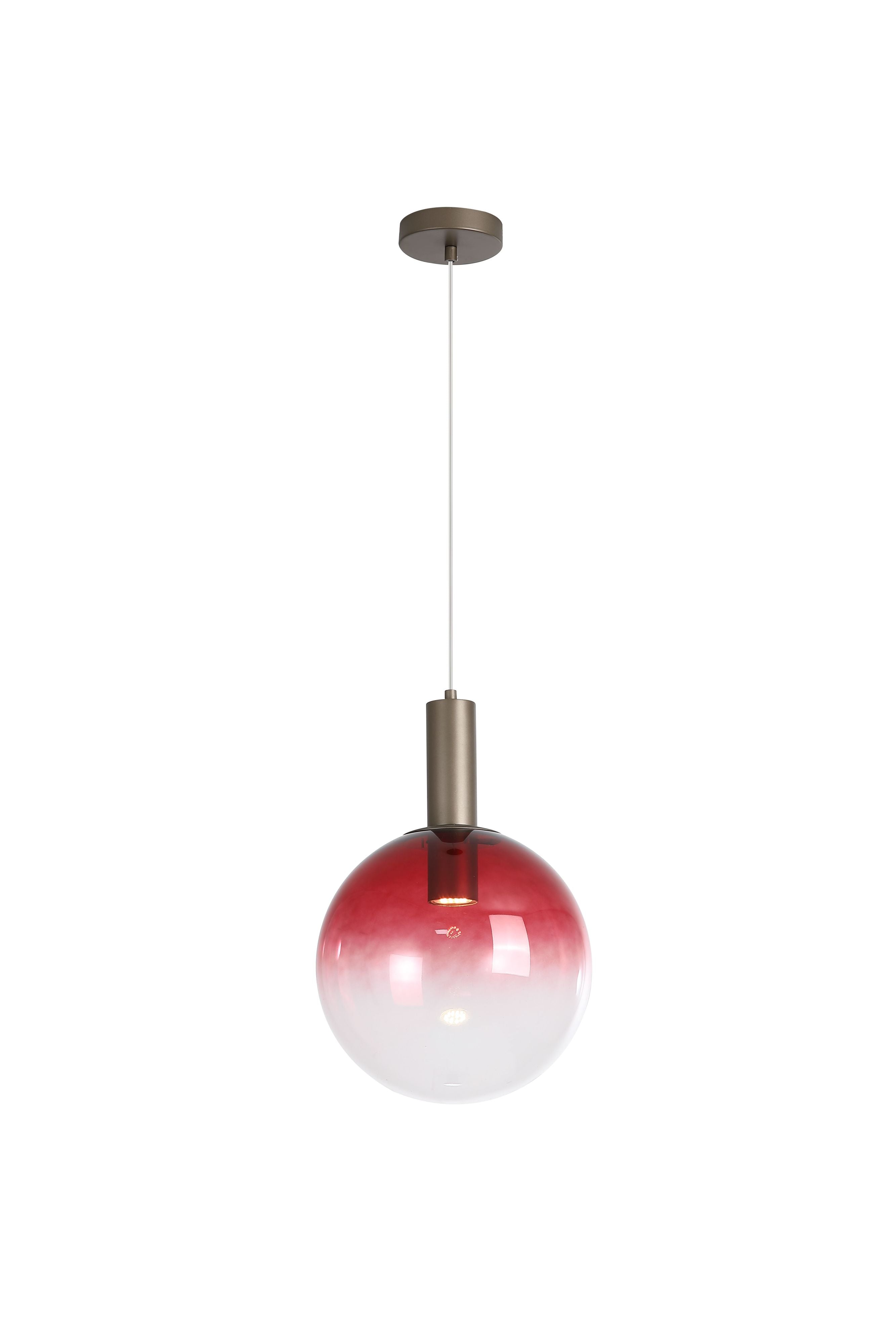 Searchlight Ombre 1 Light Pendant in ruby red ombre glass with a latte metal holder, studio shot