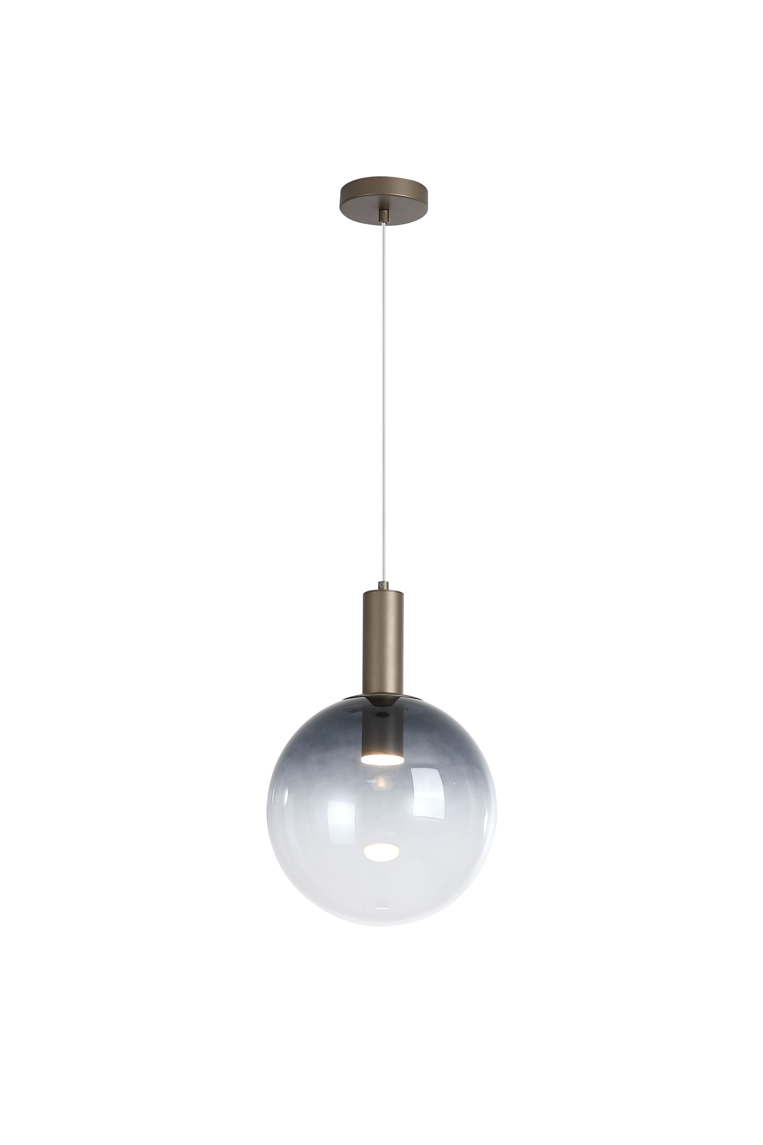 Searchlight Ombre 1 Light Pendant in smoked ombre glass with a latte metal holder, studio shot