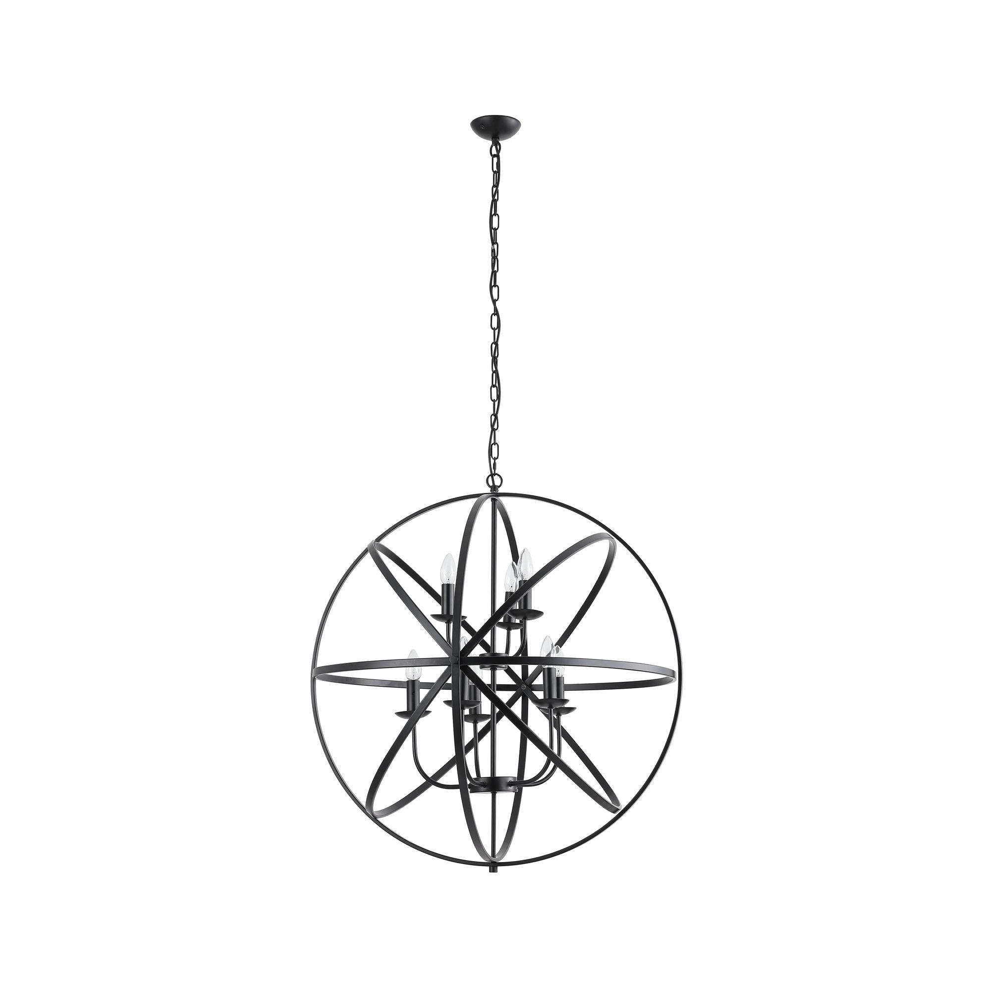 Searchlight Orbit 8 light pendant in matt black metal, shown with the full length suspension chain on a plain white background