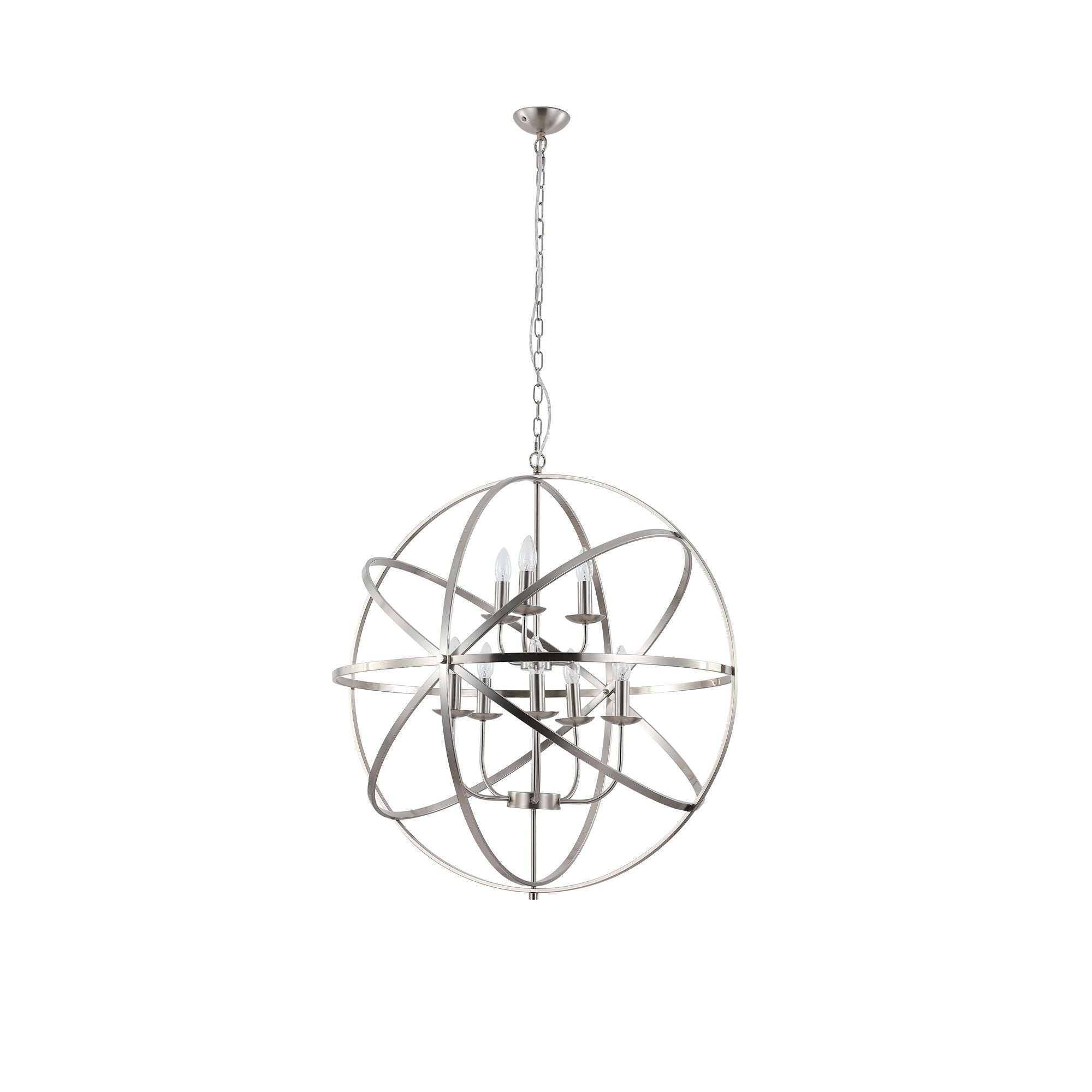 Searchlight Orbit 8 Light Pendant in satin silver, alternative straight on view showing the interlocking ring frame and candle style lamp holders